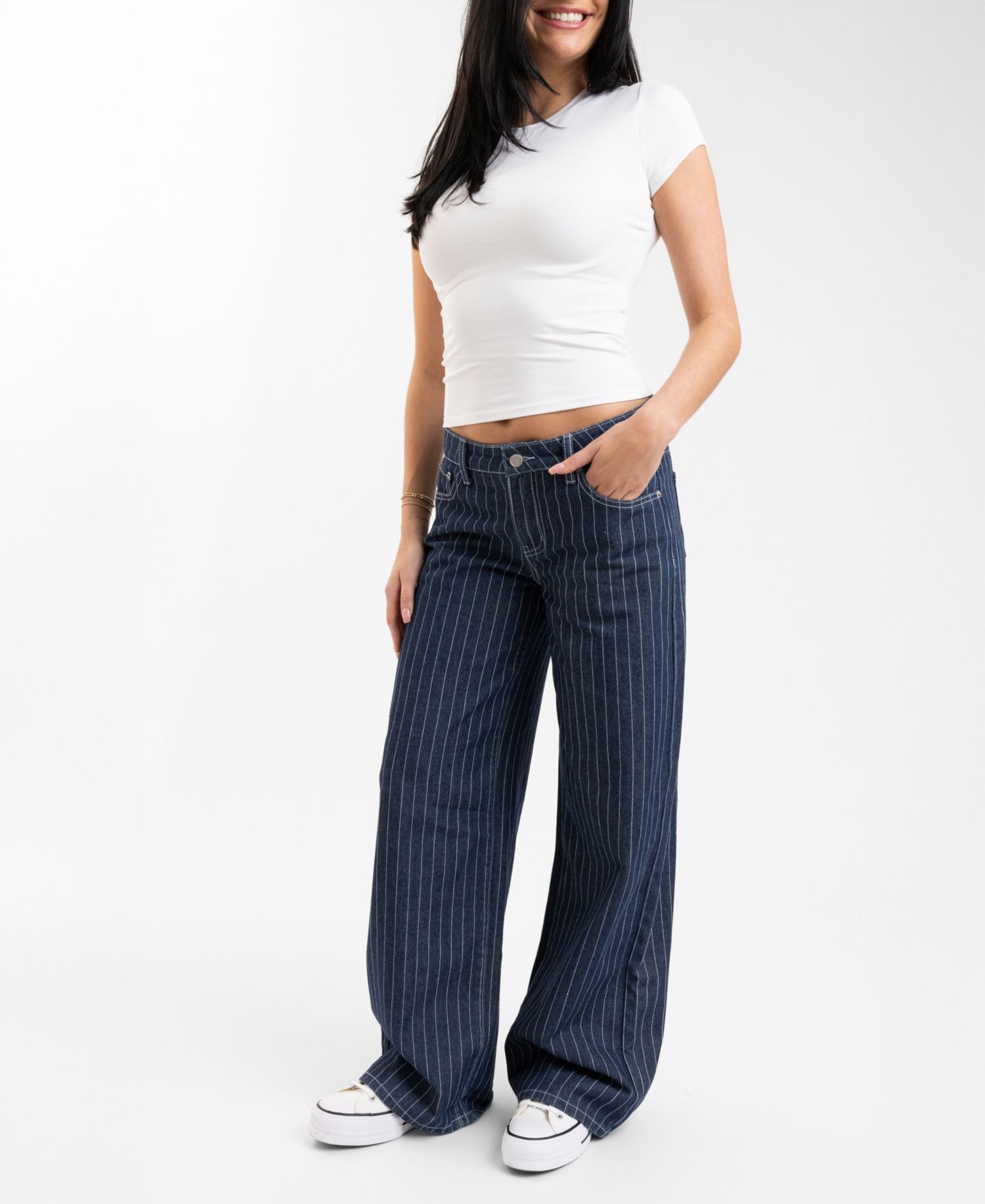 EM + CASS Juniors' Wide Leg Pinstripe Jeans