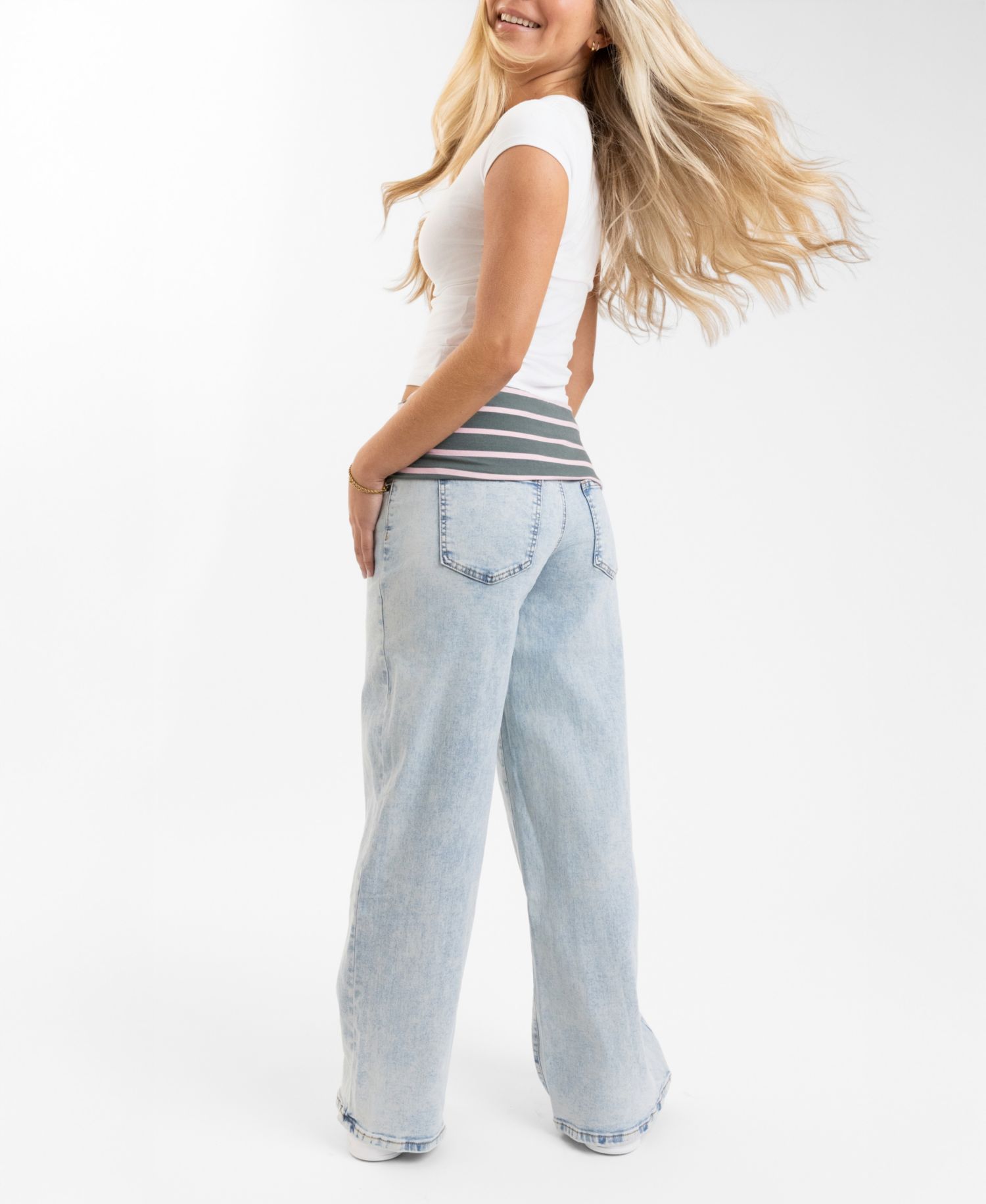 EM + CASS Juniors' Fold Over Waist Low-Rise Wide-Leg Denim
