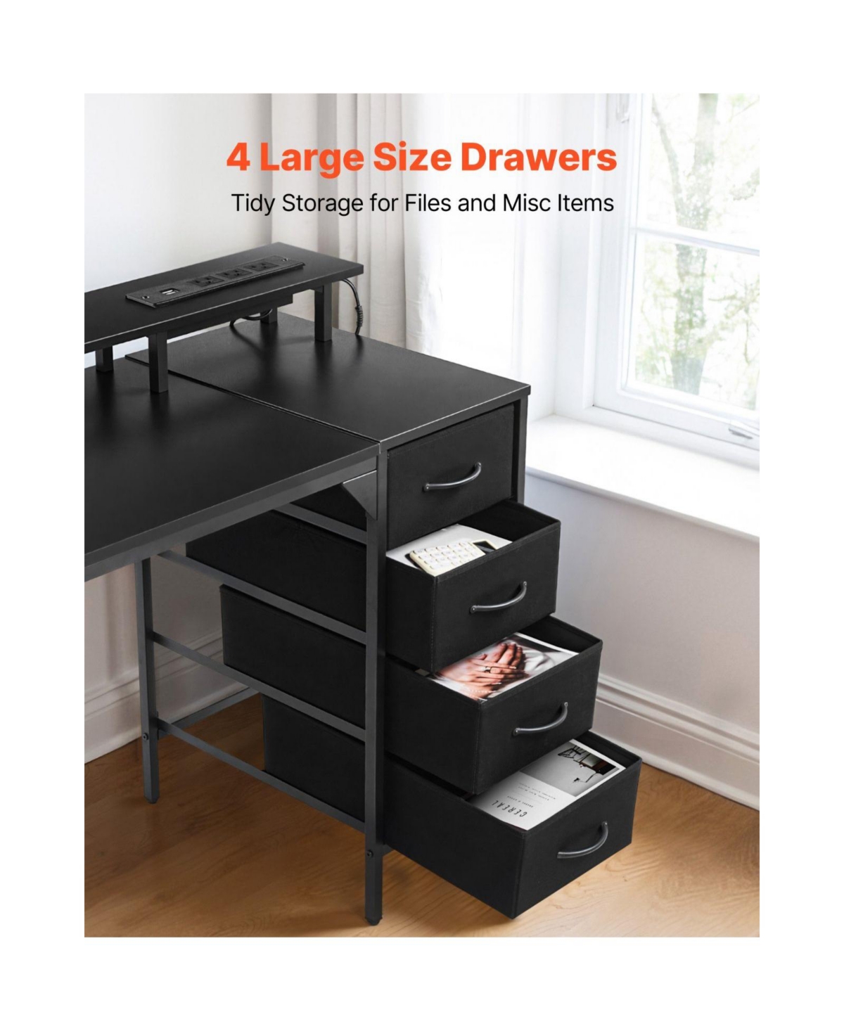 Slickblue Gaming Desk with Led Lights, Charging Station, 4 Storage Drawers and Monitor Shelf