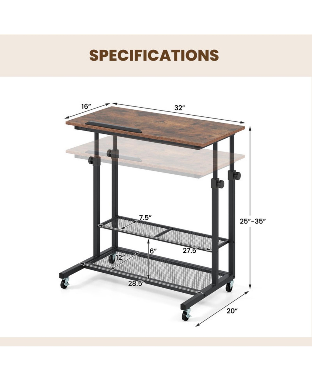 Sugift Mobile Height Adjustable Standing Desk on Wheels with Tilting Tabletop