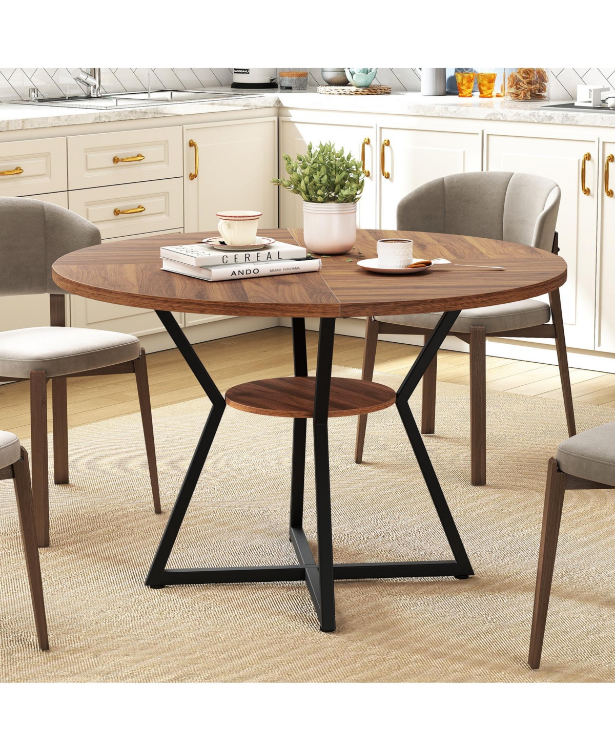 Mecale 47-Inch Round Dining Table for 4 with Storage Shelf