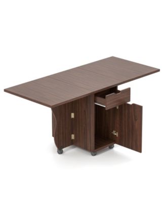 3-in-1 Folding Drop-Leaf Dining Table with Drawers and Lockable Wheels