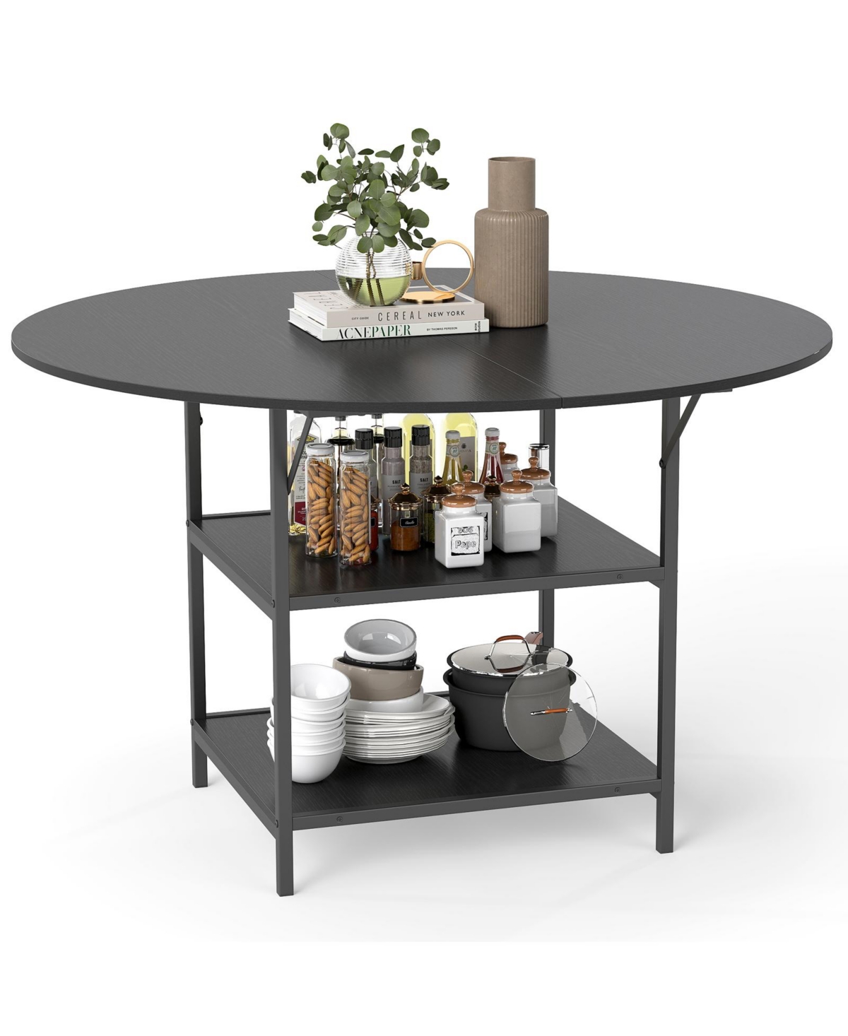 Mecale 47-Inch Round Dining Table for 4-6 with 2-Tier Storage Shelves