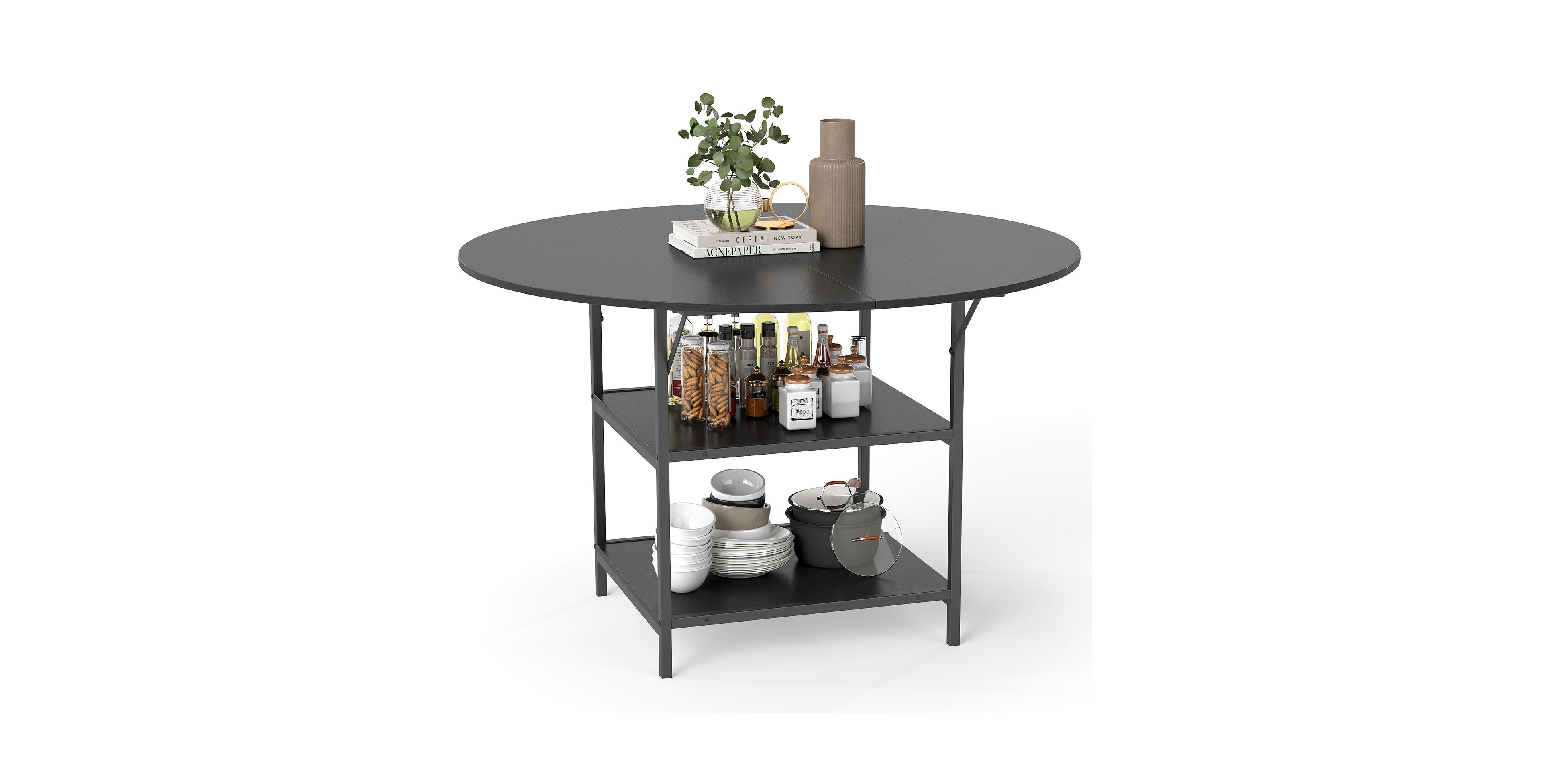 Mecale 47-Inch Round Dining Table for 4-6 with 2-Tier Storage Shelves