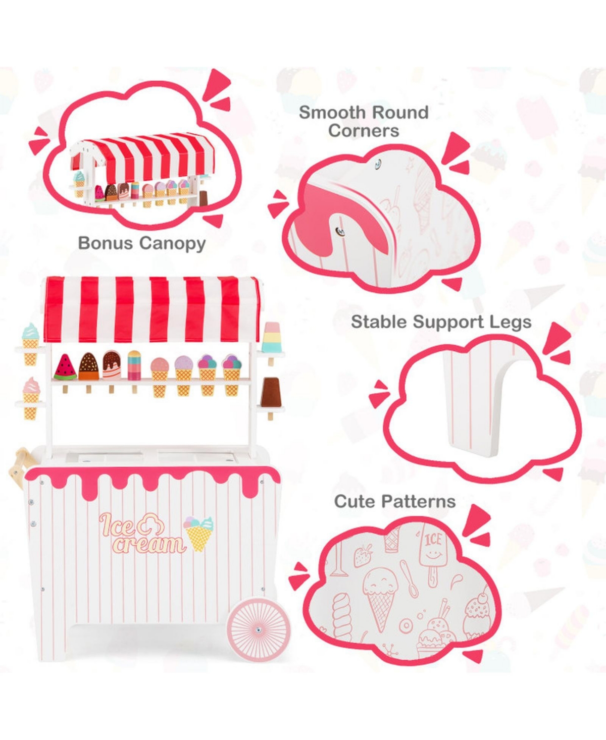 Sugift Ice Cream Cart 12-Piece Rolling Canopy Playset, Ages 3+