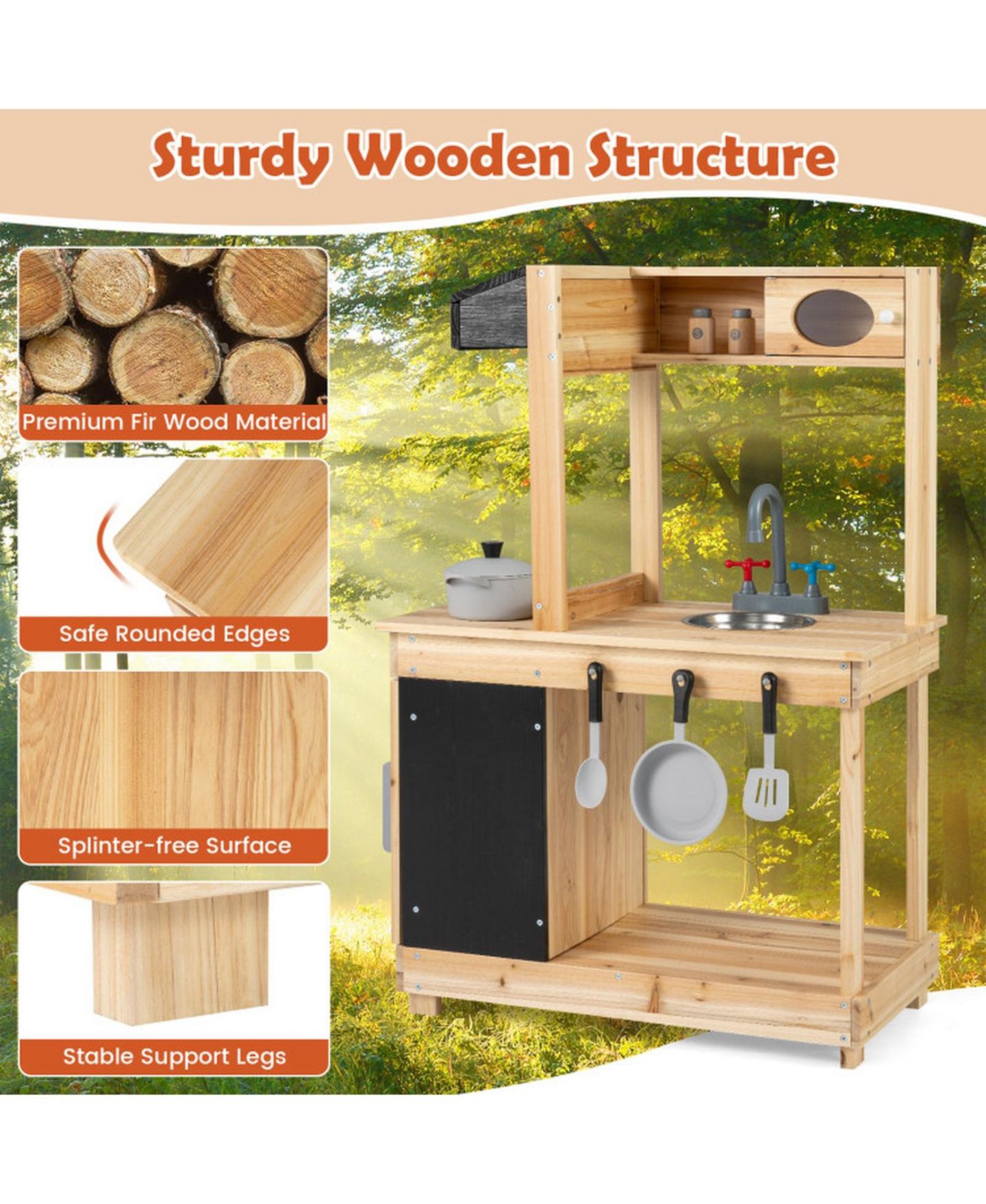 Детская игрушка SUGIFT Outdoor Mud Kitchen with Rotatable Stove Knobs, Ages 3+, цвет: Натуральный — фото 8