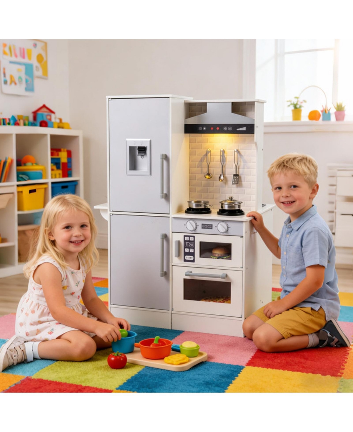 Sugift Double-Sided Toddler Play Kitchen with Water Dispenser and Luminous Range Hood Ages 3 Plus