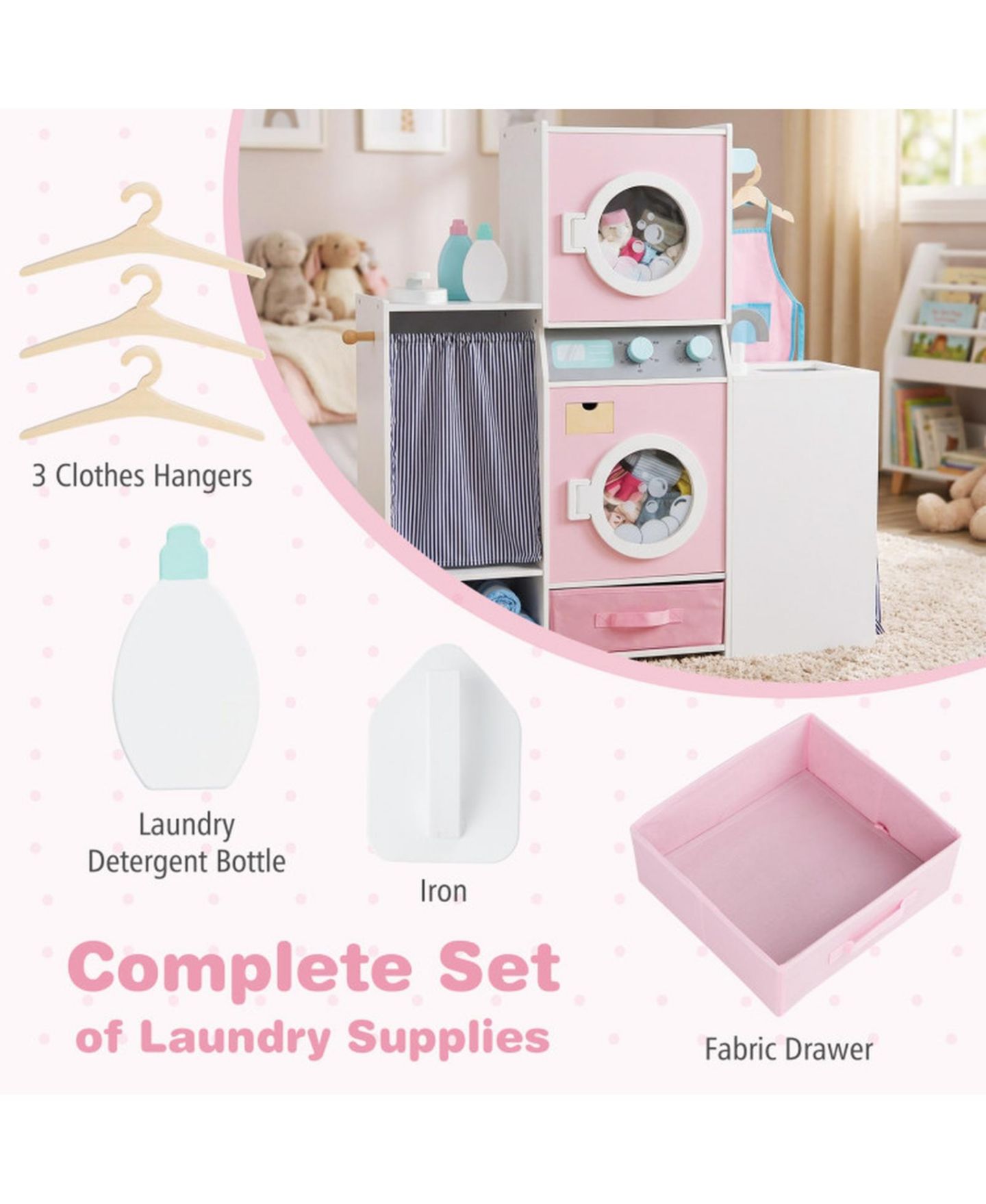 Детский игровой набор SUGIFT Kids Laundry Dual Washers Ironing Board Playset, Ages 3+, цвет: Розовый — фото 8