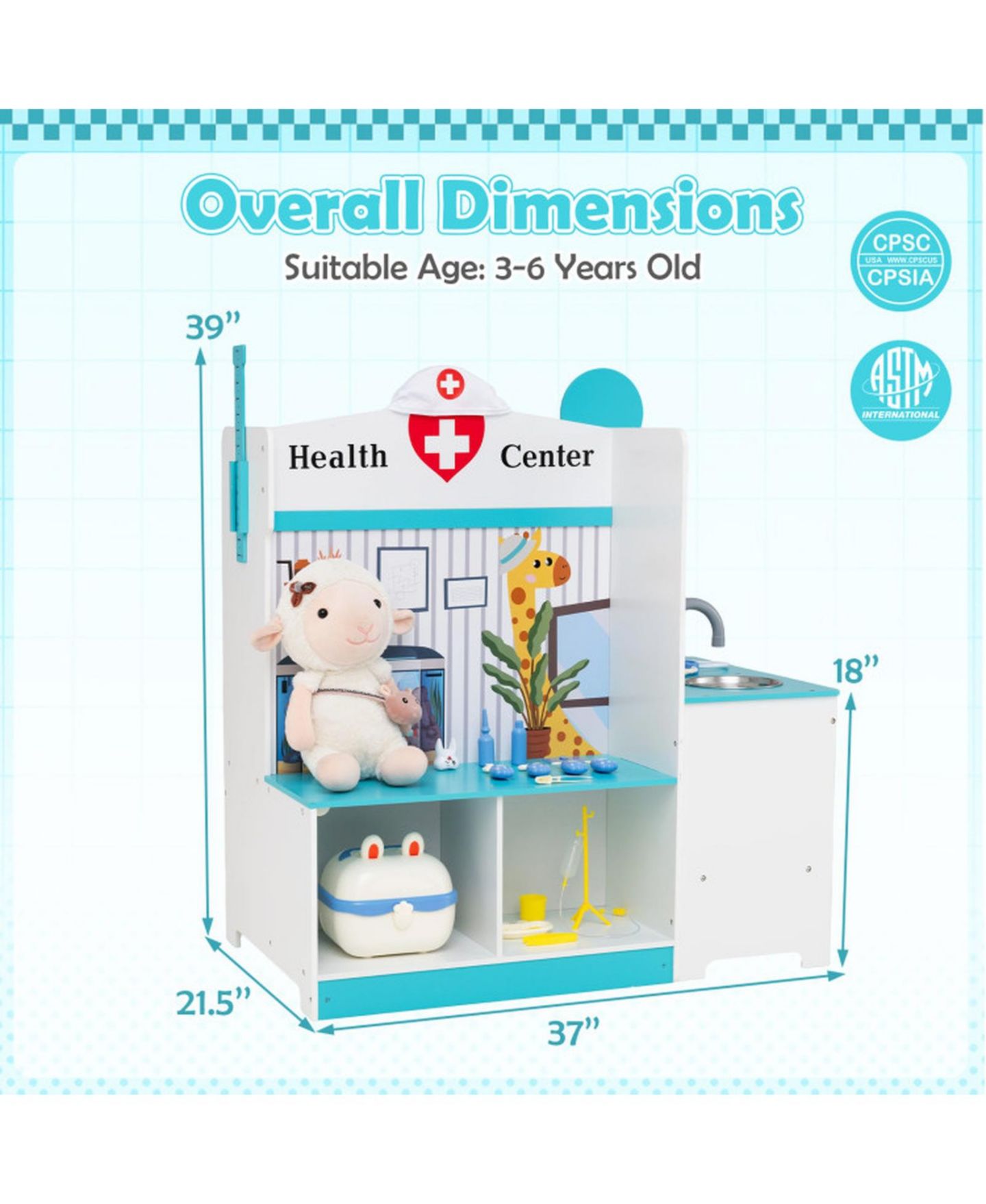 Детские фигурки SUGIFT Kids Doctor Playset 27-Piece Medical Station with Height Bar and ECG Monitor Ages 3-6, цвет: Синий — фото 3