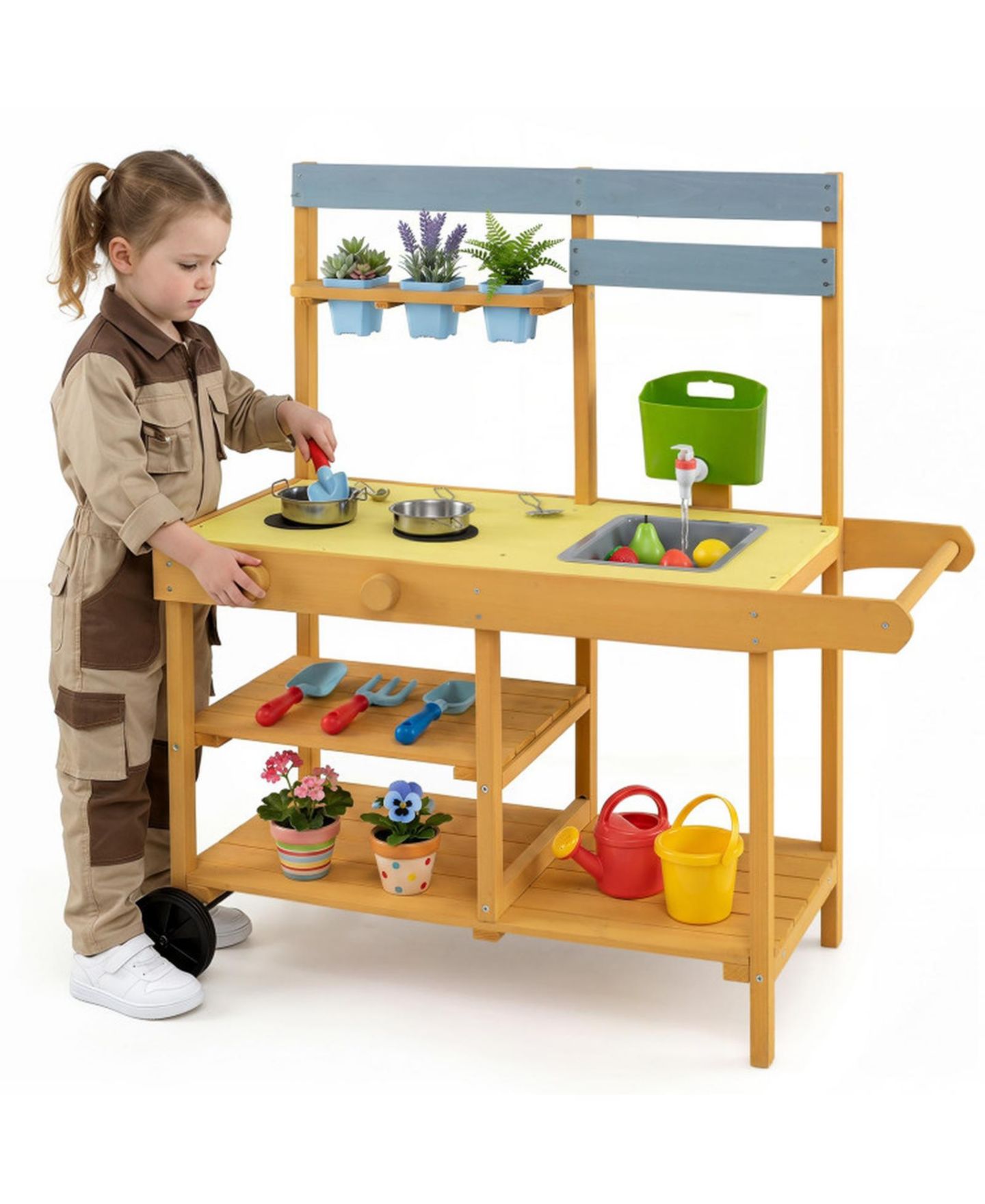 Детская игрушка SUGIFT Mobile Wooden Mud Kitchen with 3 Flowerpots and Cooking Accessories, Ages 3+, цвет: Жёлтый — фото 11