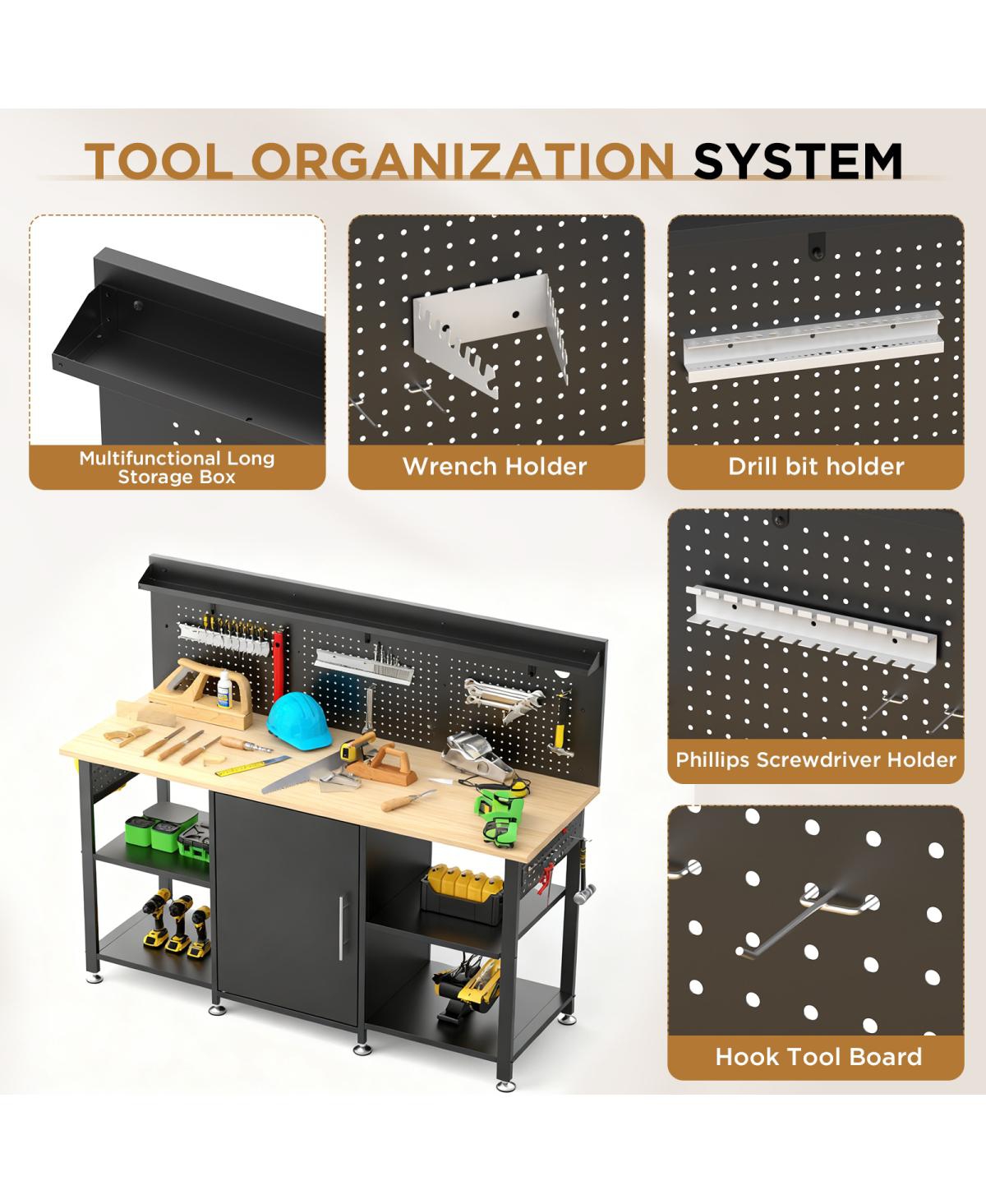 Streamdale Furniture 60" Heavy-Duty Workbench with Cabinet, Wood Top, Pegboard and Power Outlet