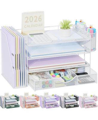 Metal Mesh Desk Organizer with File Holder Sliding Drawer and Pen Holders
