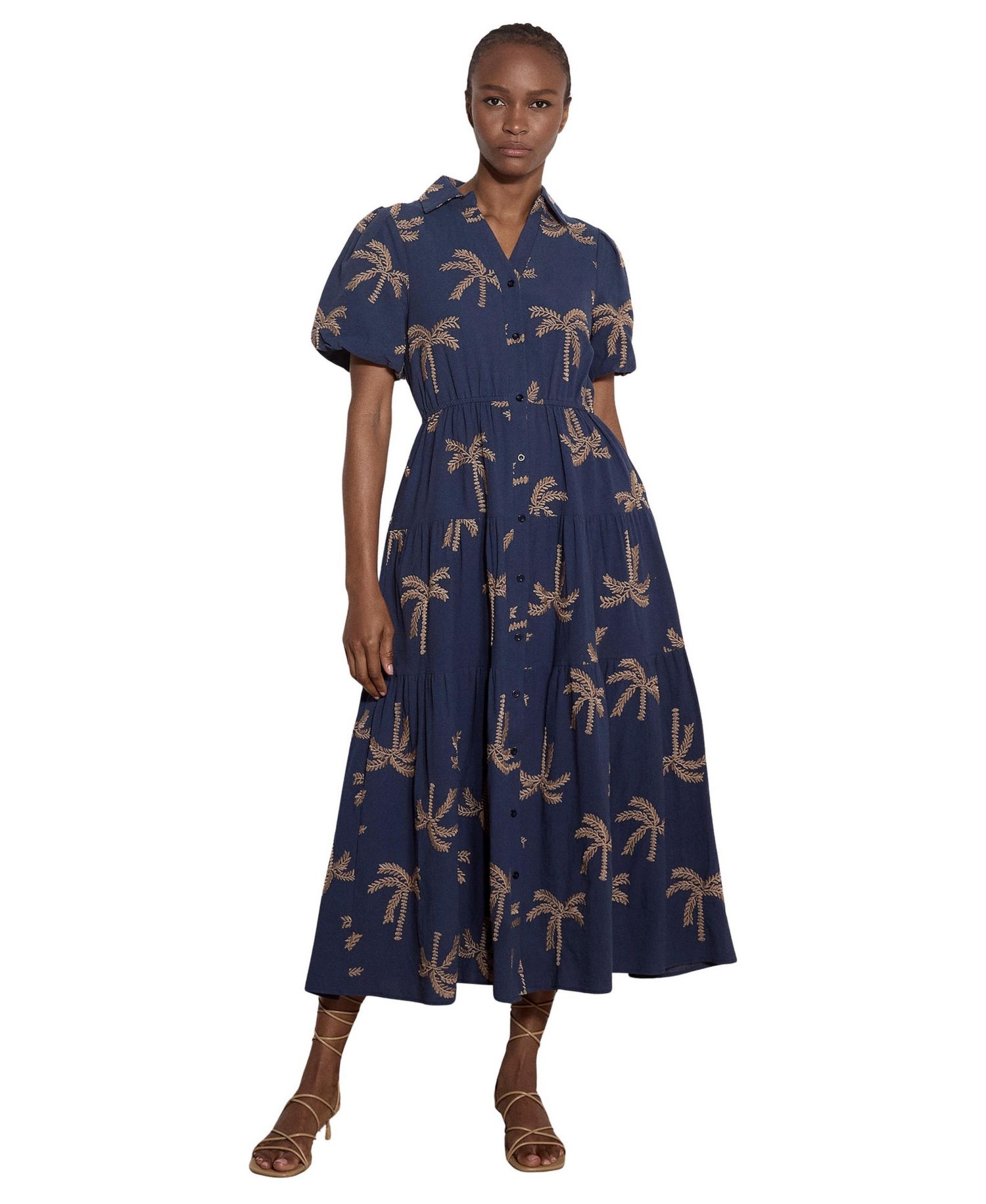 Women's Embroidered Puff-Sleeve Tiered Midi Dress