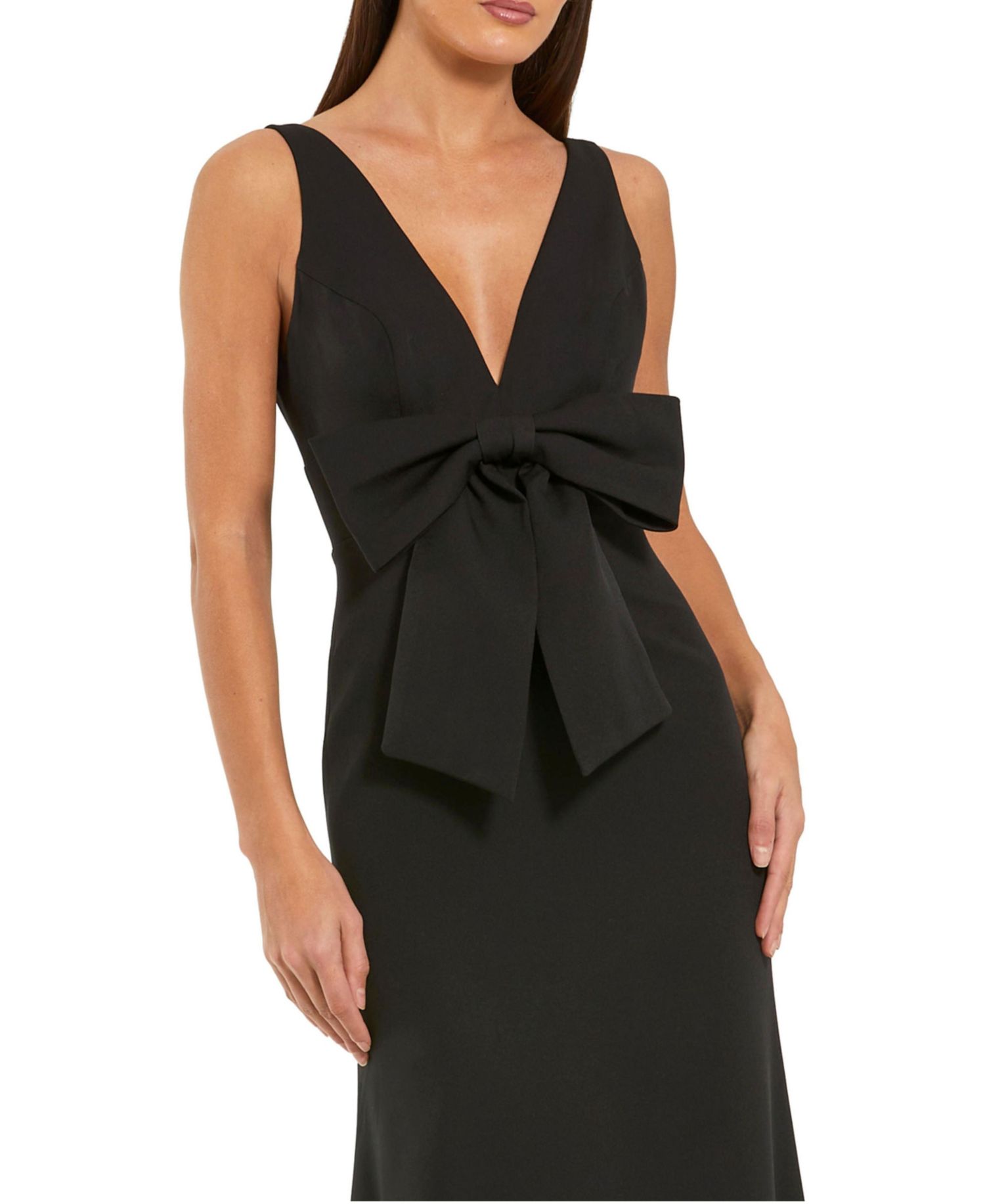 Women's Crepe Sleeveless V Neck Column Dress With Bow