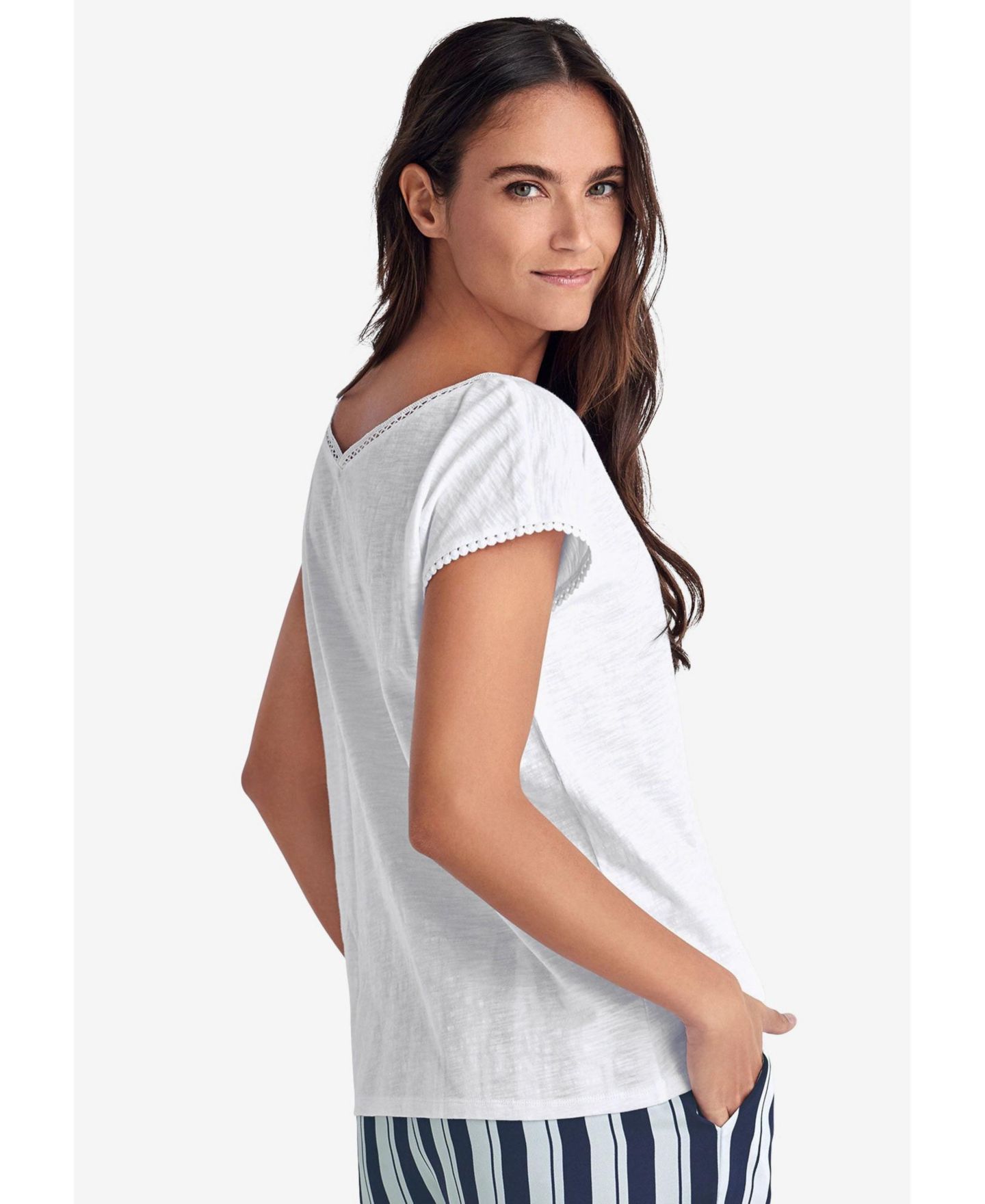 Женская футболка ellos Plus Size Crochet-Trim V-Neck Dolman Cap Sleeves, цвет: Белый — фото 2