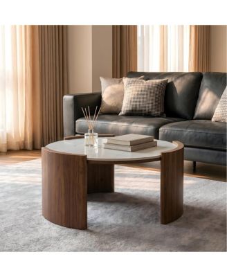 Modern Round Sintered Stone Coffee Table with Walnut Legs