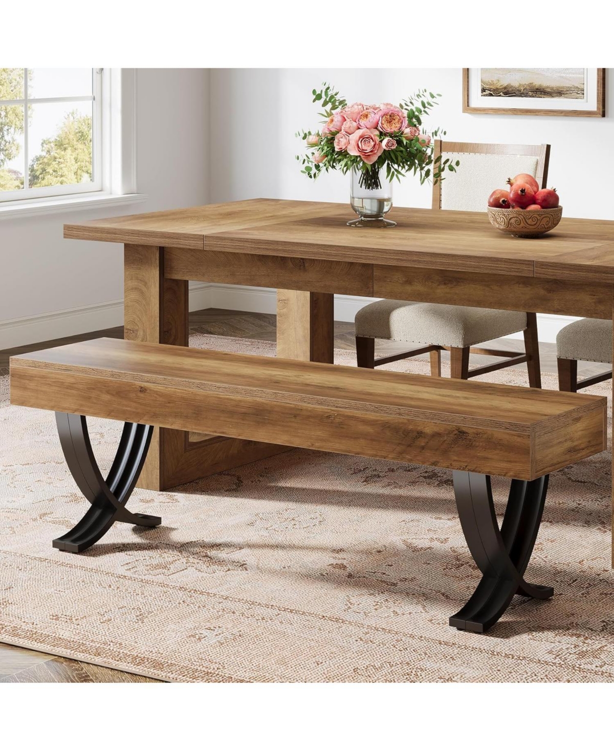 Tribesigns 55" Farmhouse Dining Bench:Wooden kitchen table seat with metal X-shaped legs.Long indoor bench for dining room,bedroom,entryway,mudroom