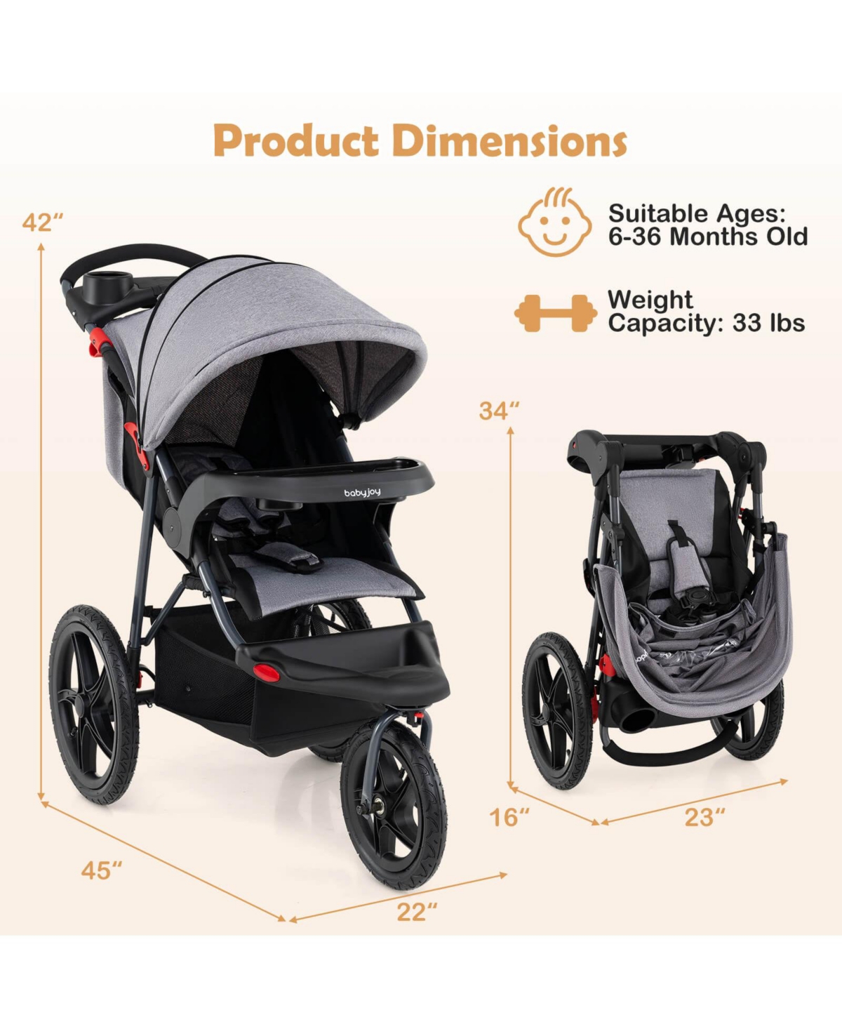Costway Jogging Stroller Foldable Jogger with Adjustable Canopy Detachable Tray