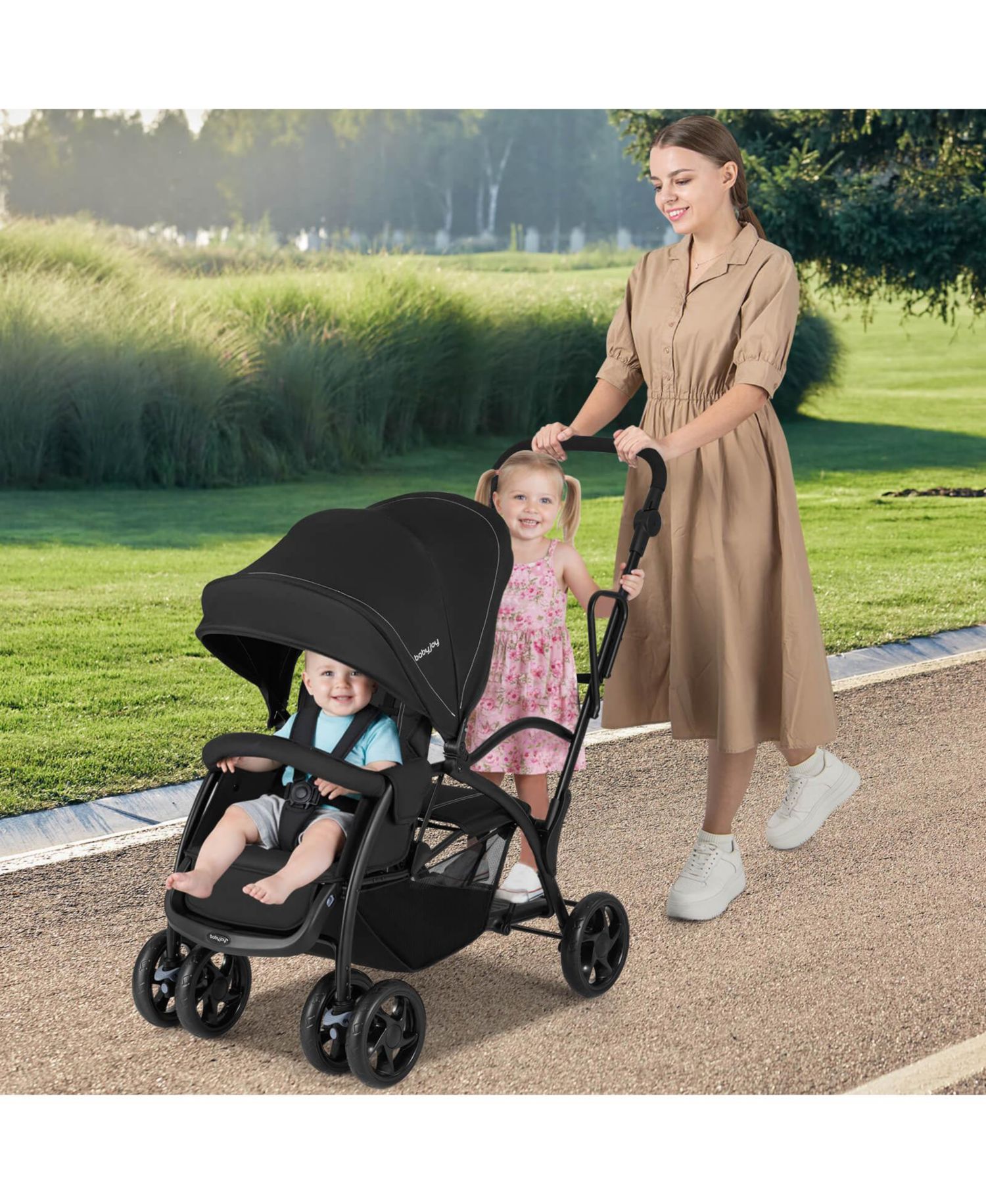 Sit and Stand Double Stroller with Adjustable Handle Bar Backrests Footrest Canopies