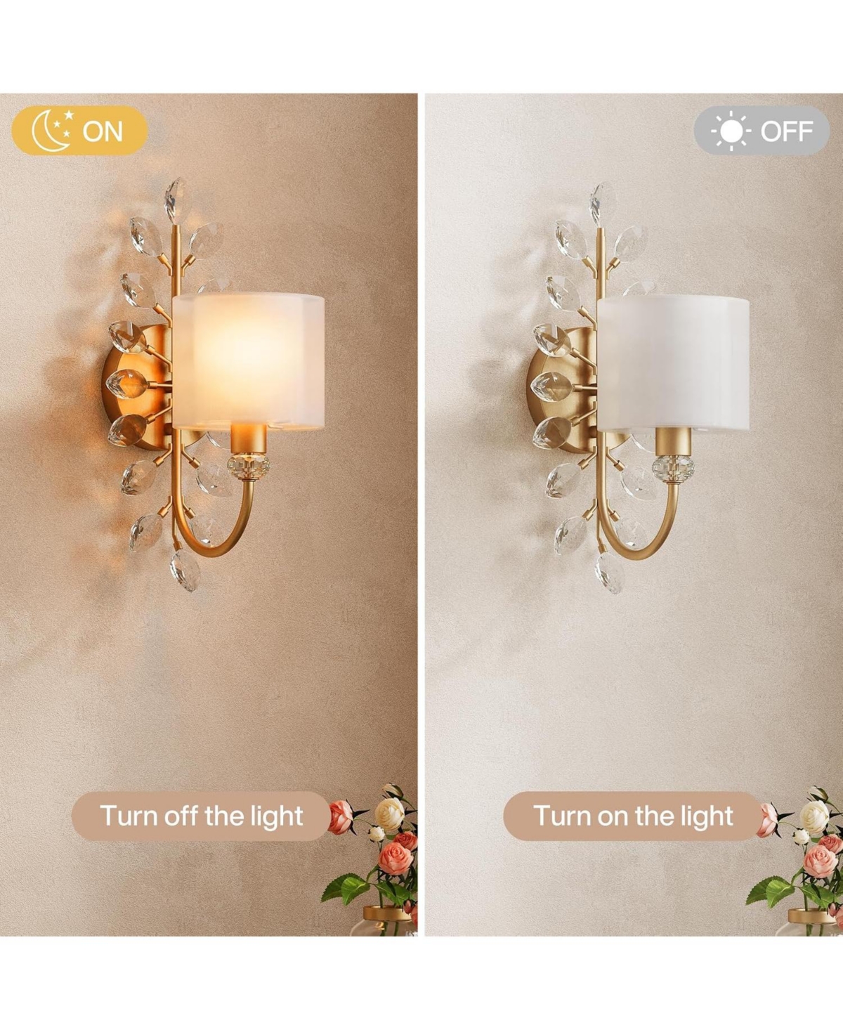Tribesigns Wall Sconce with Crystal Leaves, Modern 1-Light Wall Light with Double-Layer Fabric Shade
