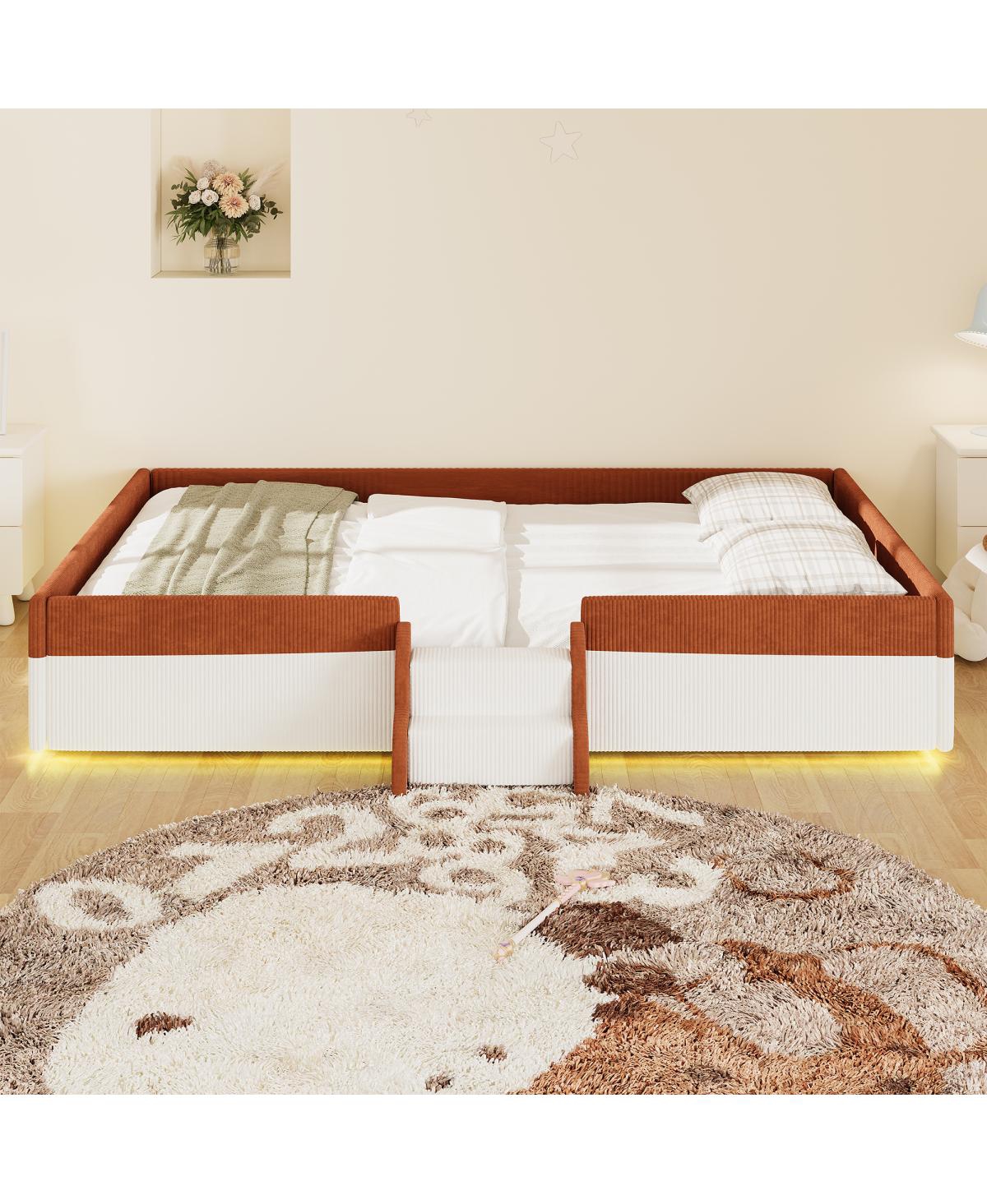 Streamdale Furniture Queen Upholstered Floor Bed with Fence and Led Lights