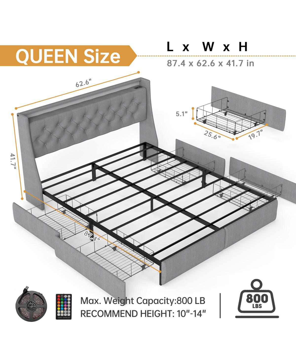 Streamdale Furniture Queen Storage Bed Frame with Led, Drawers and Charging Station