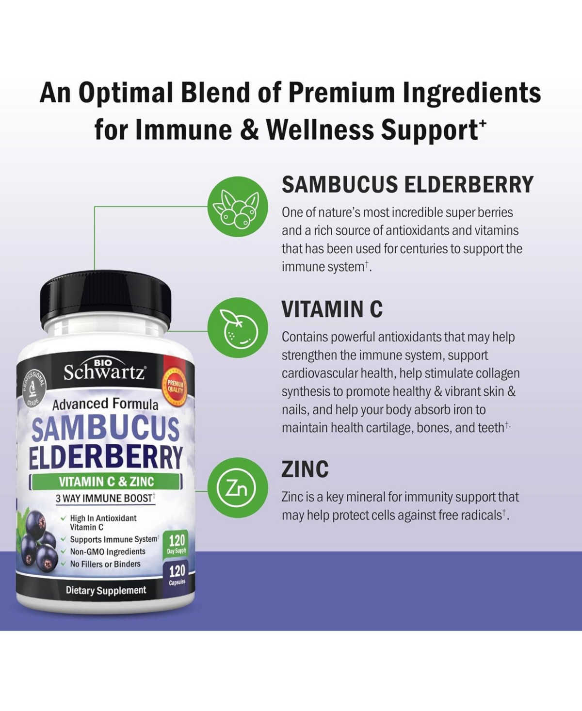 BioSchwartz Elderberry with Vitamin C and Zinc Capsules, 120 Count