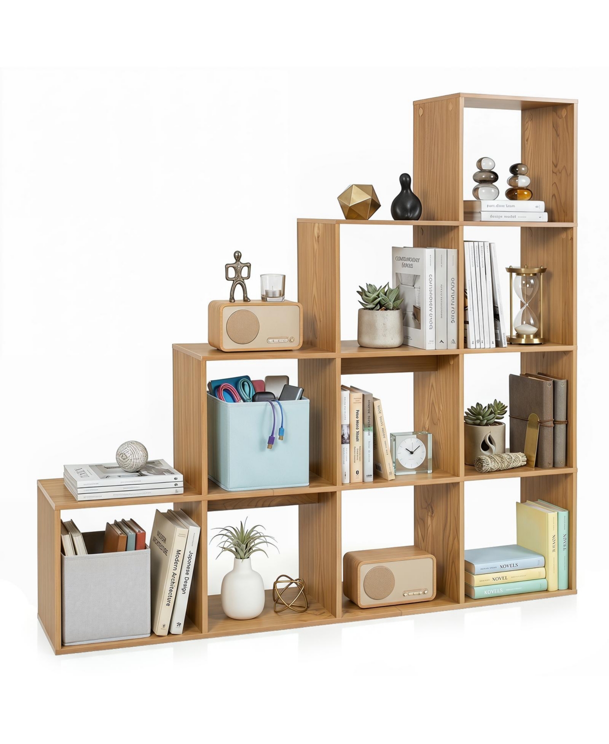 Gymax 4-Tier Bookshelf 10-Cube Stepped Bookcase w/2 Anti-Tipping Kits for Home Office