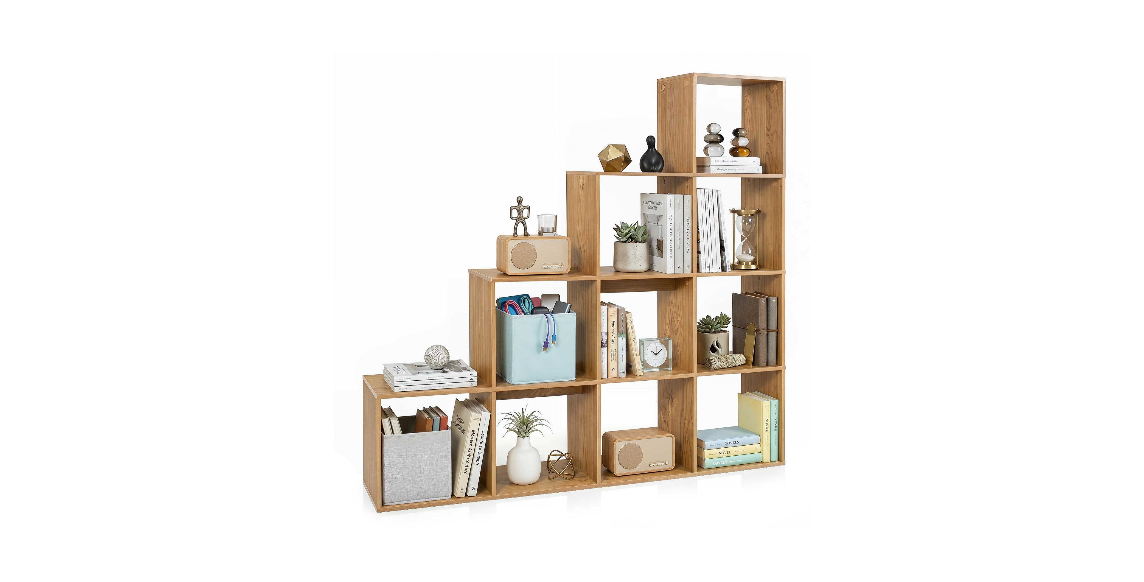 Gymax 4-Tier Bookshelf 10-Cube Stepped Bookcase w/2 Anti-Tipping Kits for Home Office