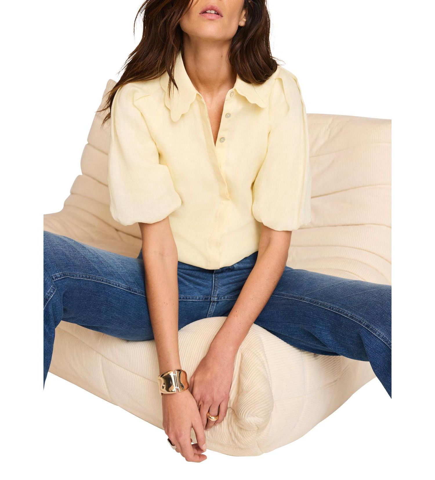 Women's Ramie Short-Sleeve Puff-Sleeve Blouse