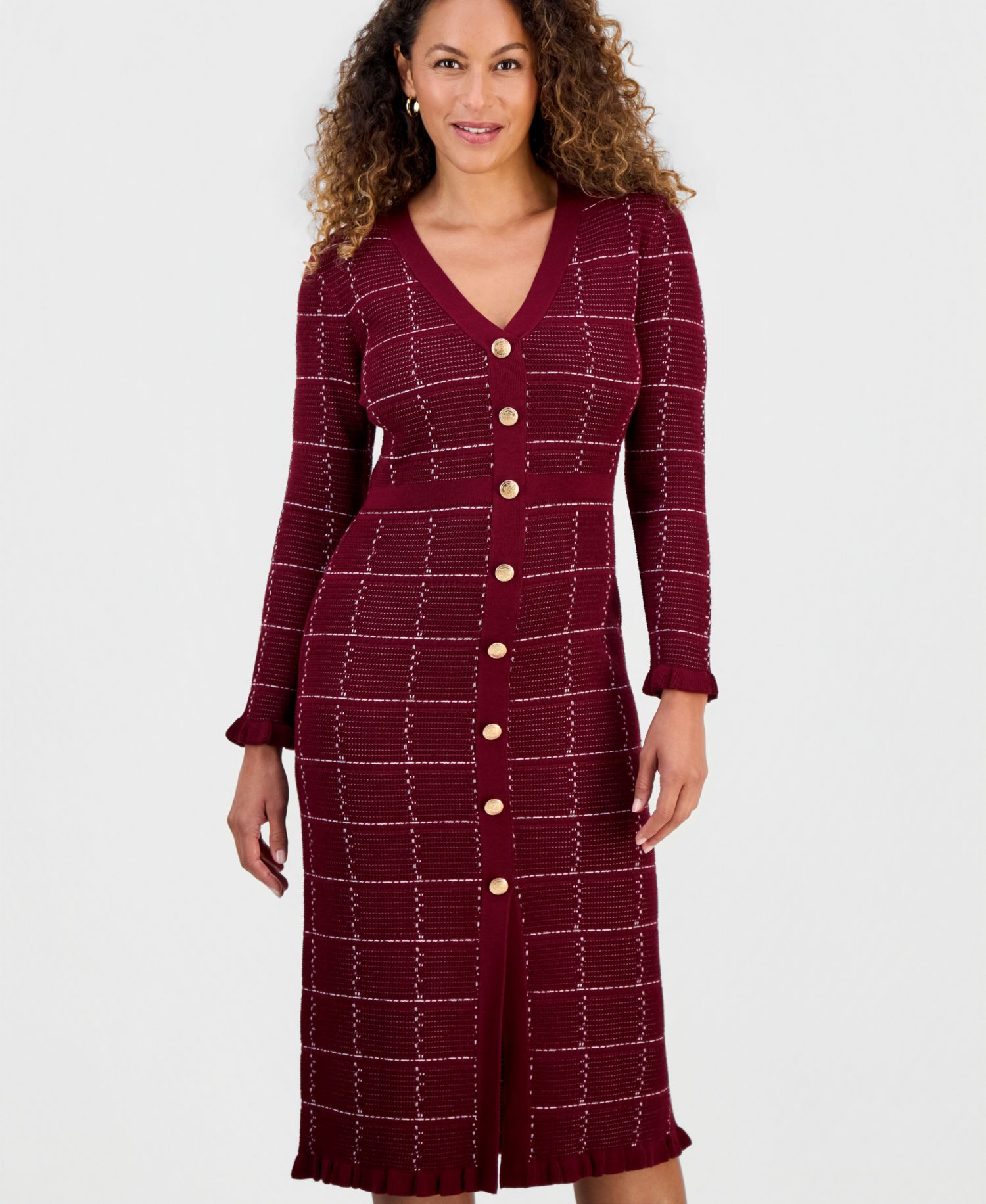 Petite Plaid-Print V-Neck Ruffle-Trim Sweater Midi Dress
