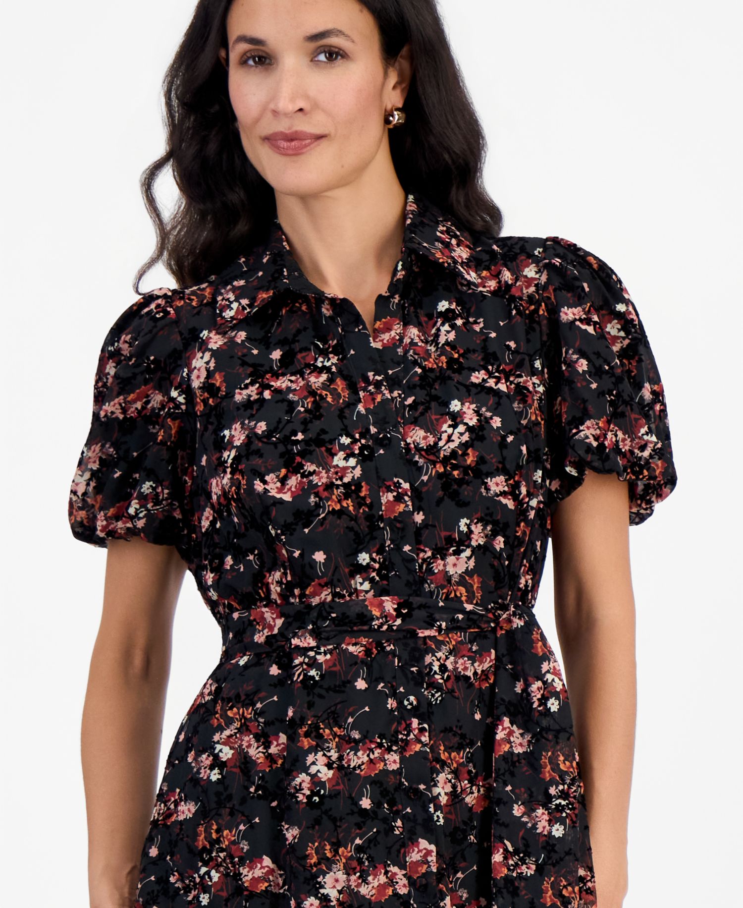 Petite Puff-Sleeve Floral Midi Shirt Dress
