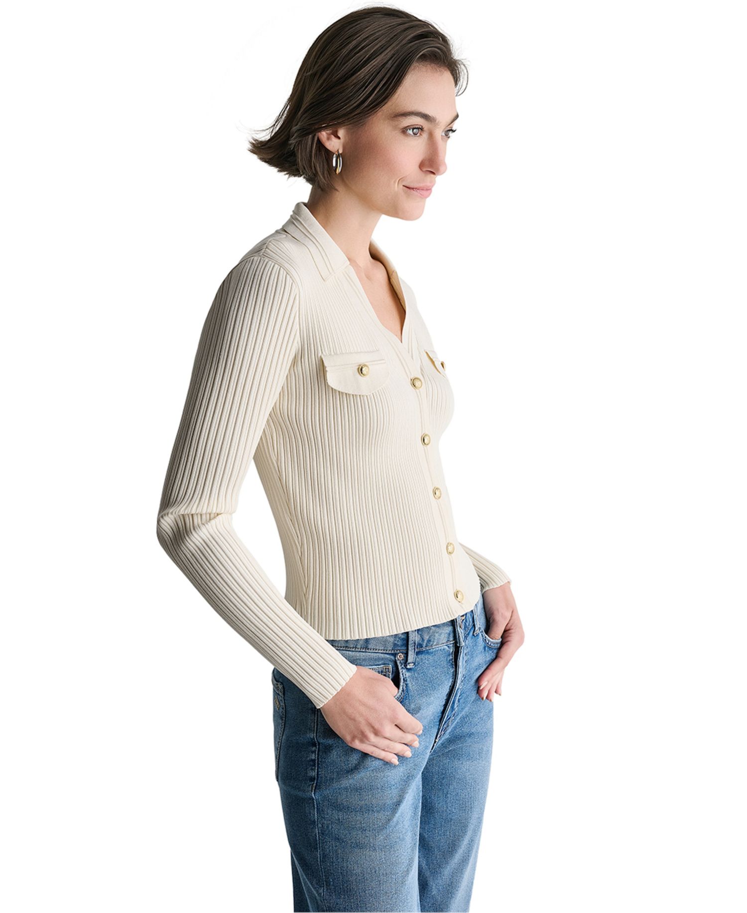Women's Ribbed Knit Collared V-Neck Cardigan