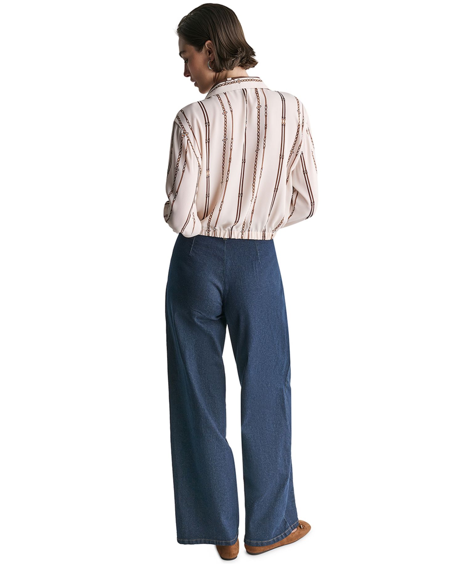Women's Collared Long-Sleeve Crop Button-Up Top
