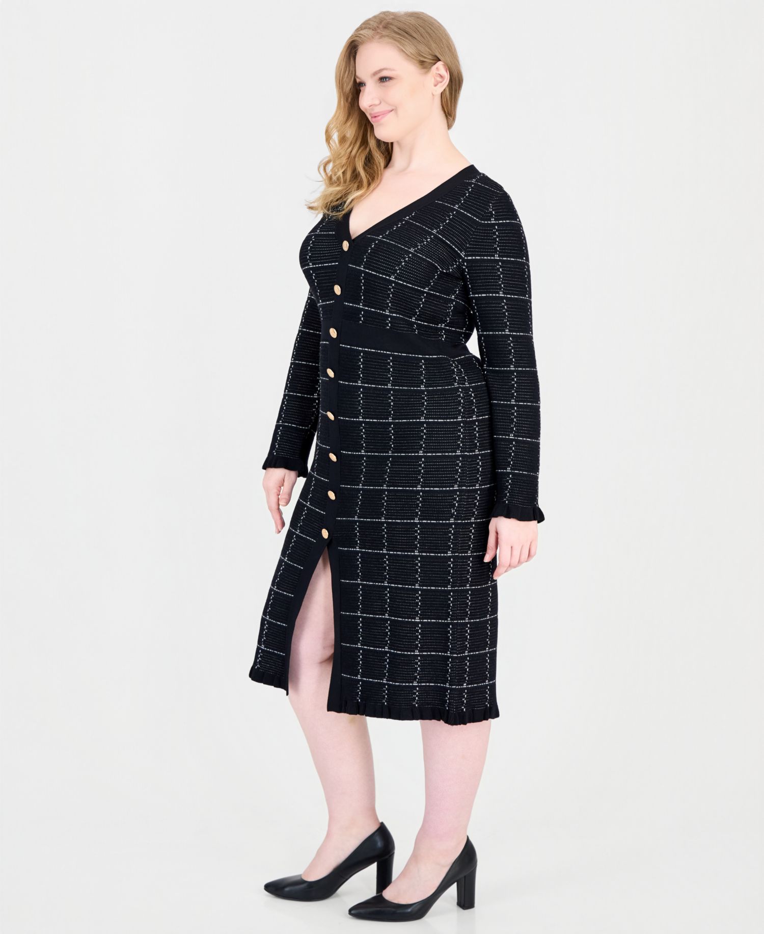 Plus Size Plaid Button-Front V-Neck Midi Sweater Dress