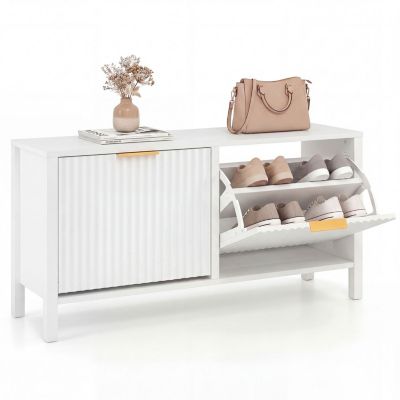 Fluted Entryway Shoe Bench with 2 Flip Drawers and Golden Handles