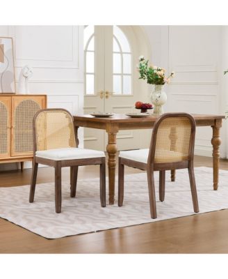 Set of 2 Curved Arched Cane Back Farmhouse Dining Chairs, Distressed Solid Wood Frame S-Spring Chenille Cushion