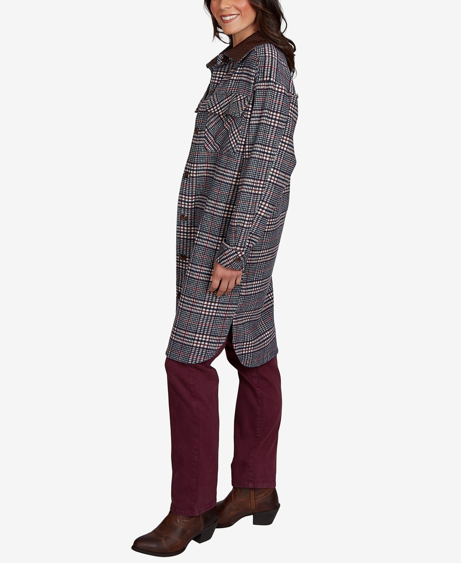 Petite Brushed Plaid Mid-Length Shirt Jacket