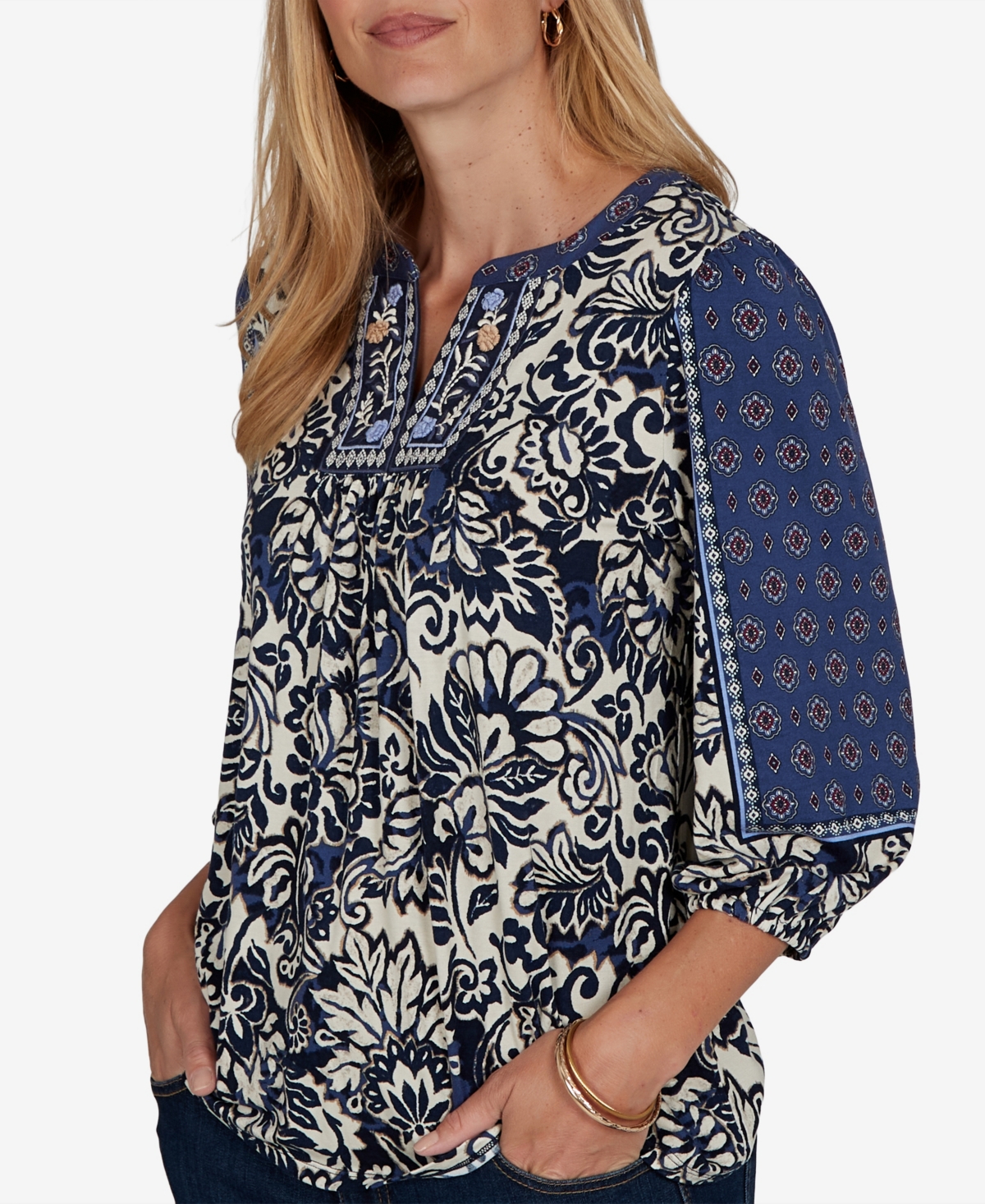 Ruby Rd. Petite Foliage Henley 3/4-sleeve Floral-print Blouse In Blue