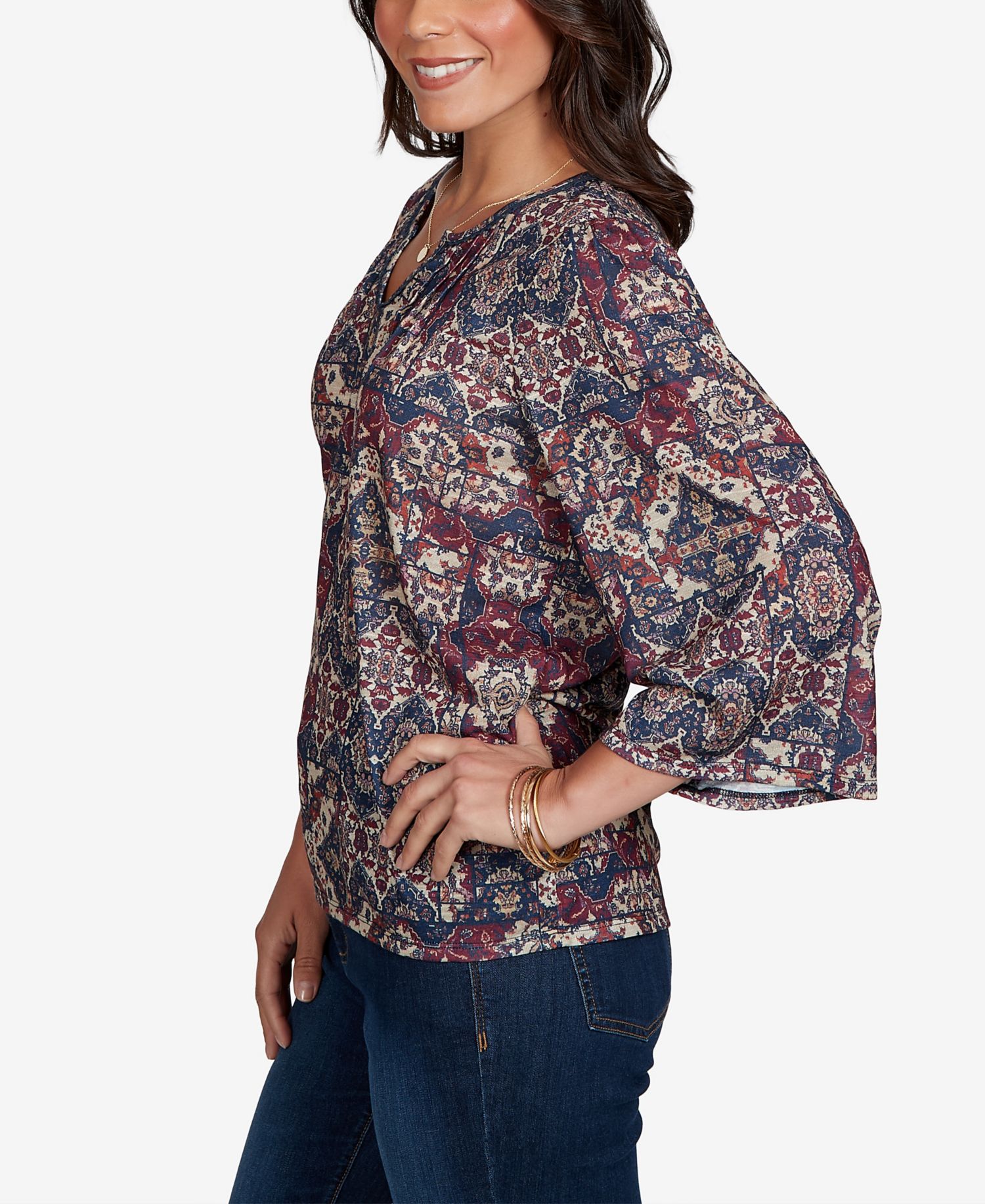 Petite Patchwork 3/4-Sleeve Henley Blouse