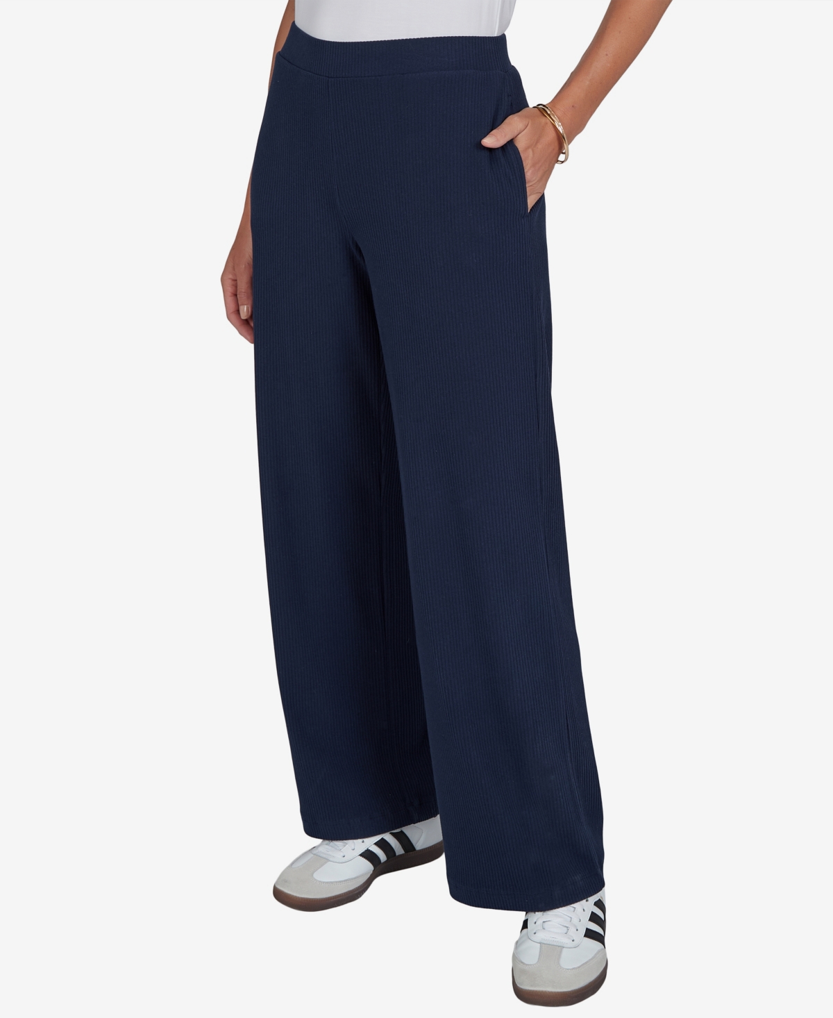 Ruby Rd. Petite Wide-leg Pull-on Ribbed Pants In Blue