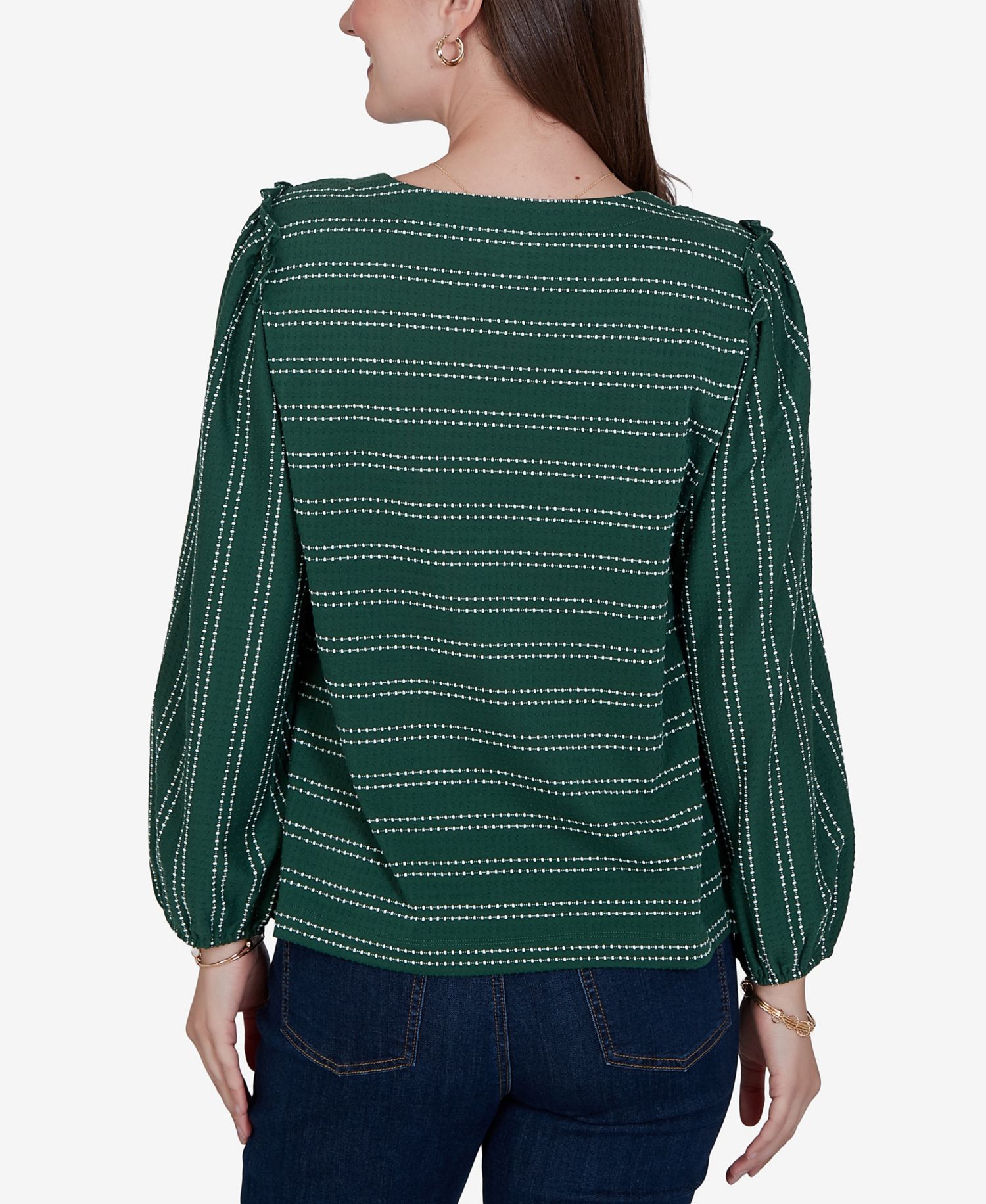 Petite Long-Sleeve Dobby-Stripe Crewneck Blouse