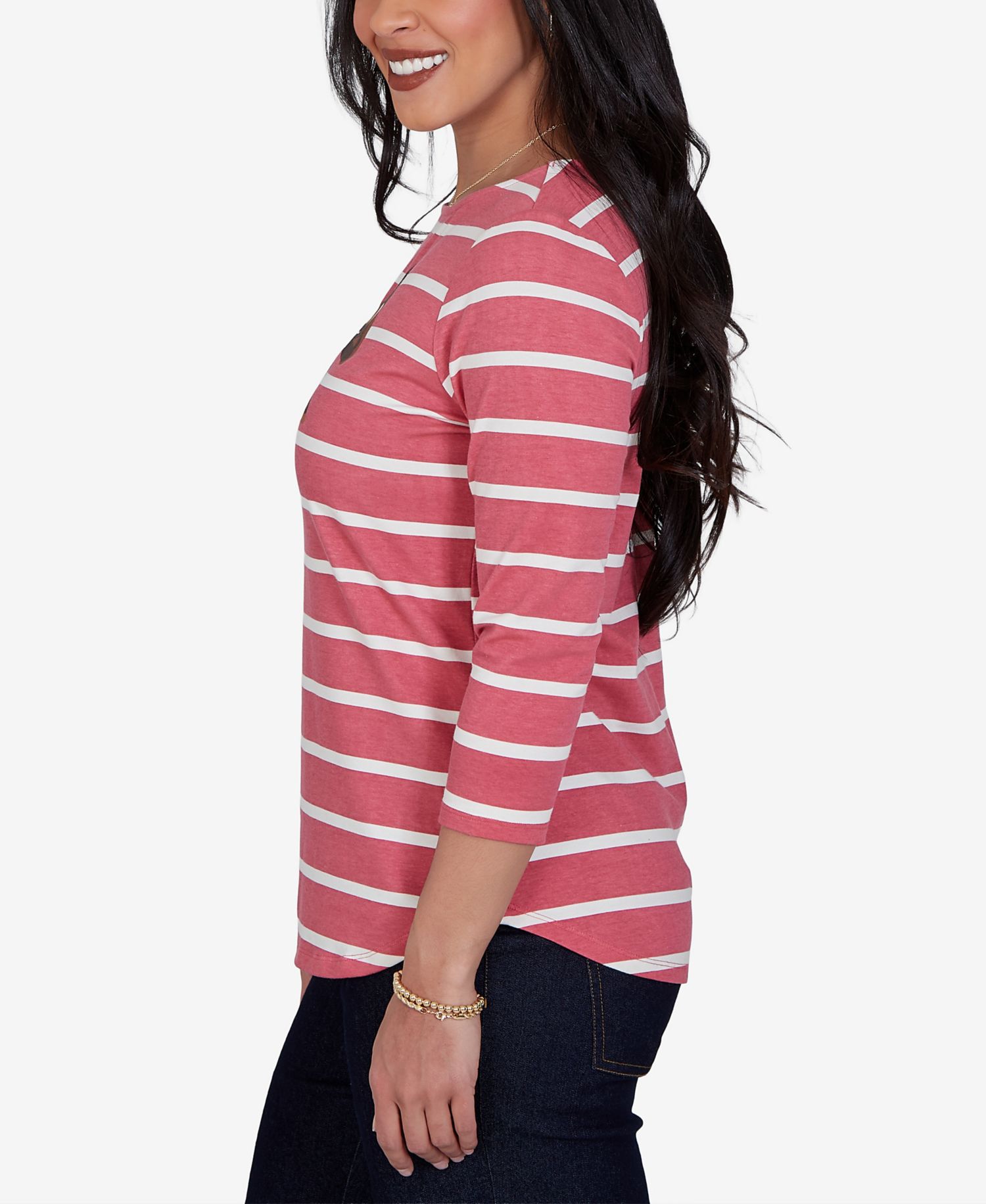 Petite 3/4-Sleeve Boat-Neck Curved-Hem T-Shirt