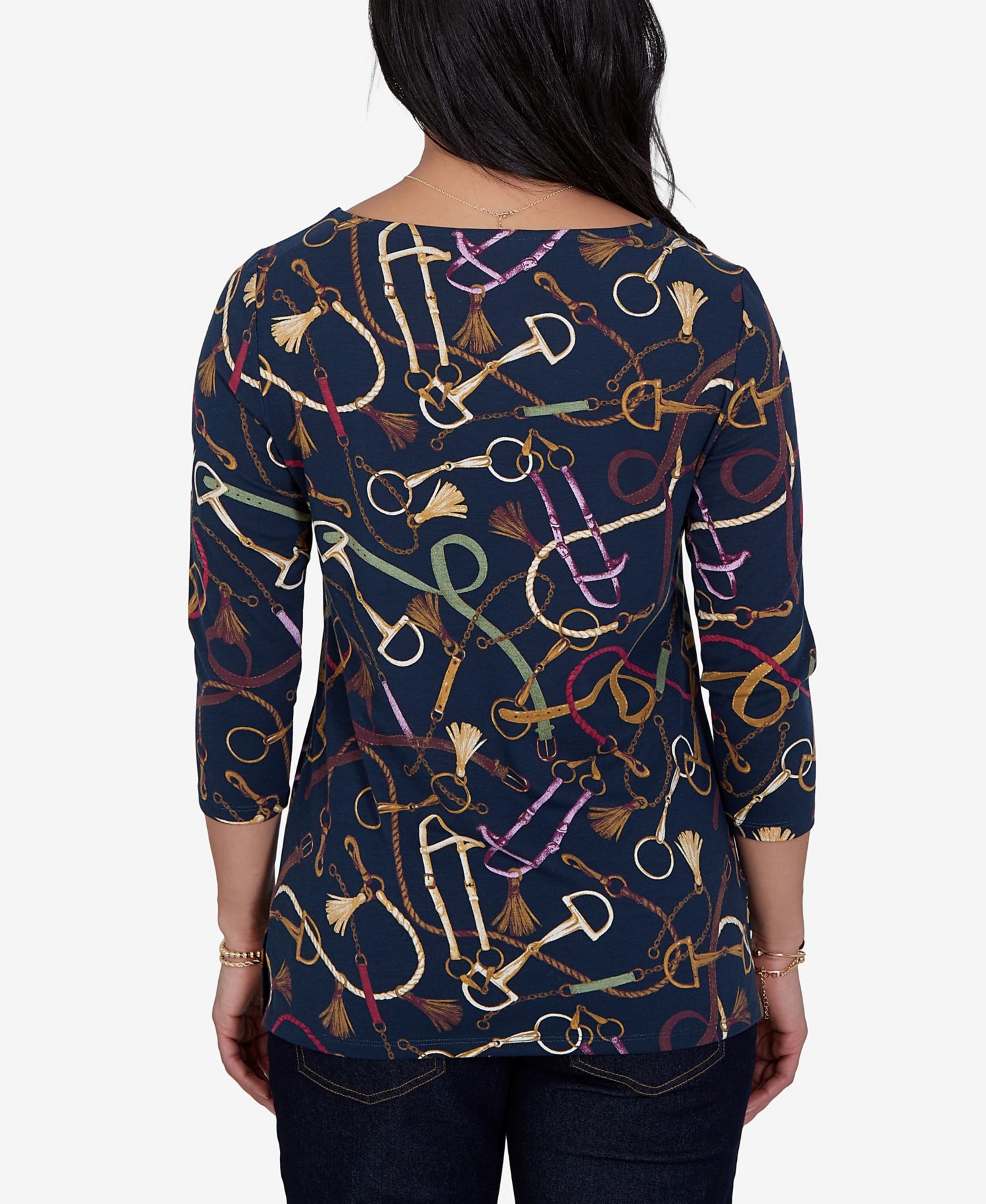 Petite Boat Neck 3/4-Sleeve Equestrian Print Blouse