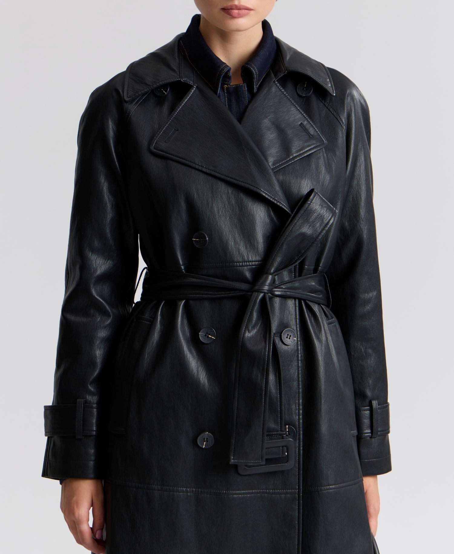 Women's Faux-Leather Belted Raglan-Sleeve Trench Coat
