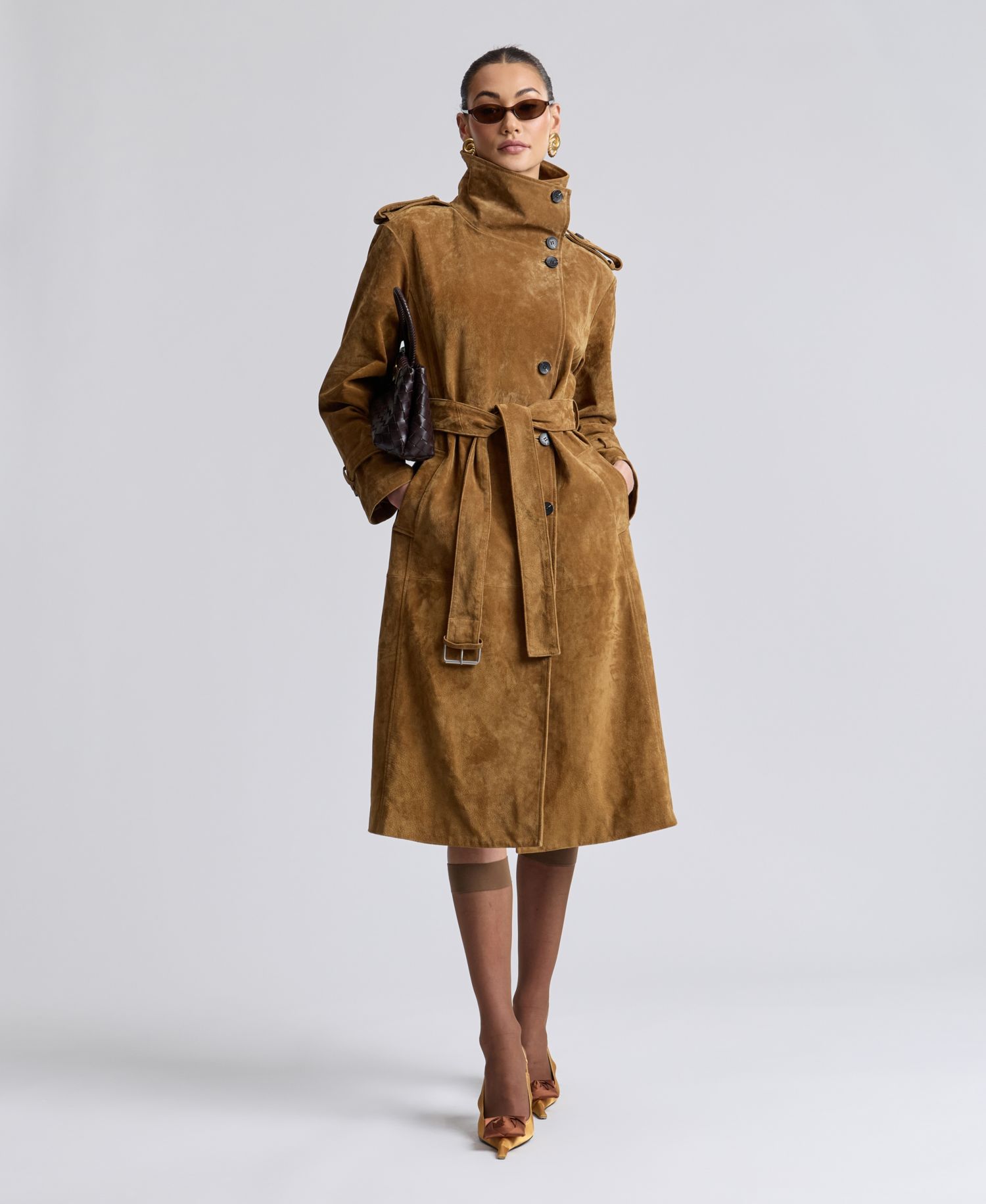 Women's Funnel-Neck Suede Oversized Trench Coat