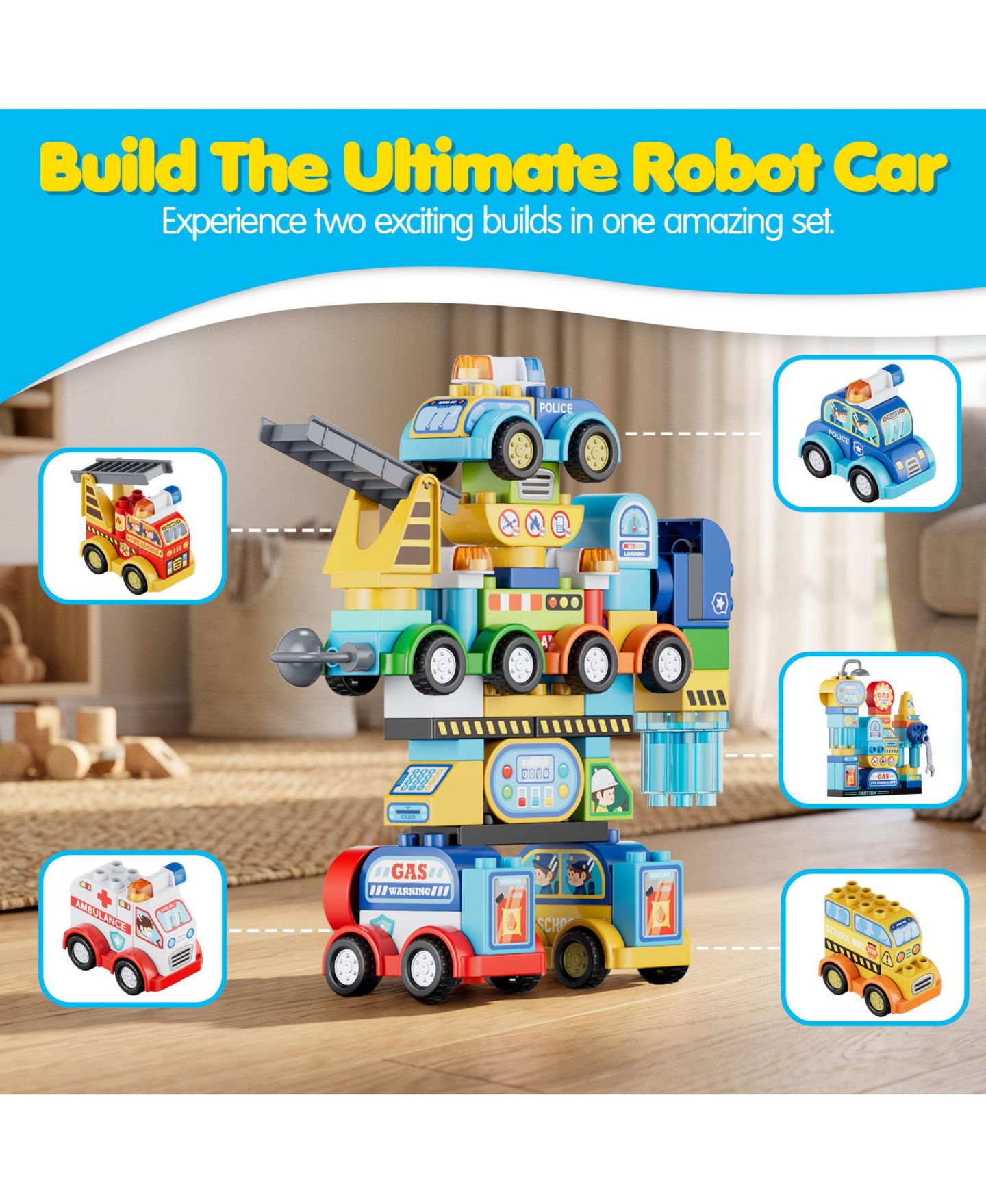 Детский конструктор Contixo TF1 2-in-1 Transforming Robot Building Set, 93-Piece Vehicle Construction Toy with City Scene Playset for Kids Ages 3+, цвет: Разноцветный — фото 3