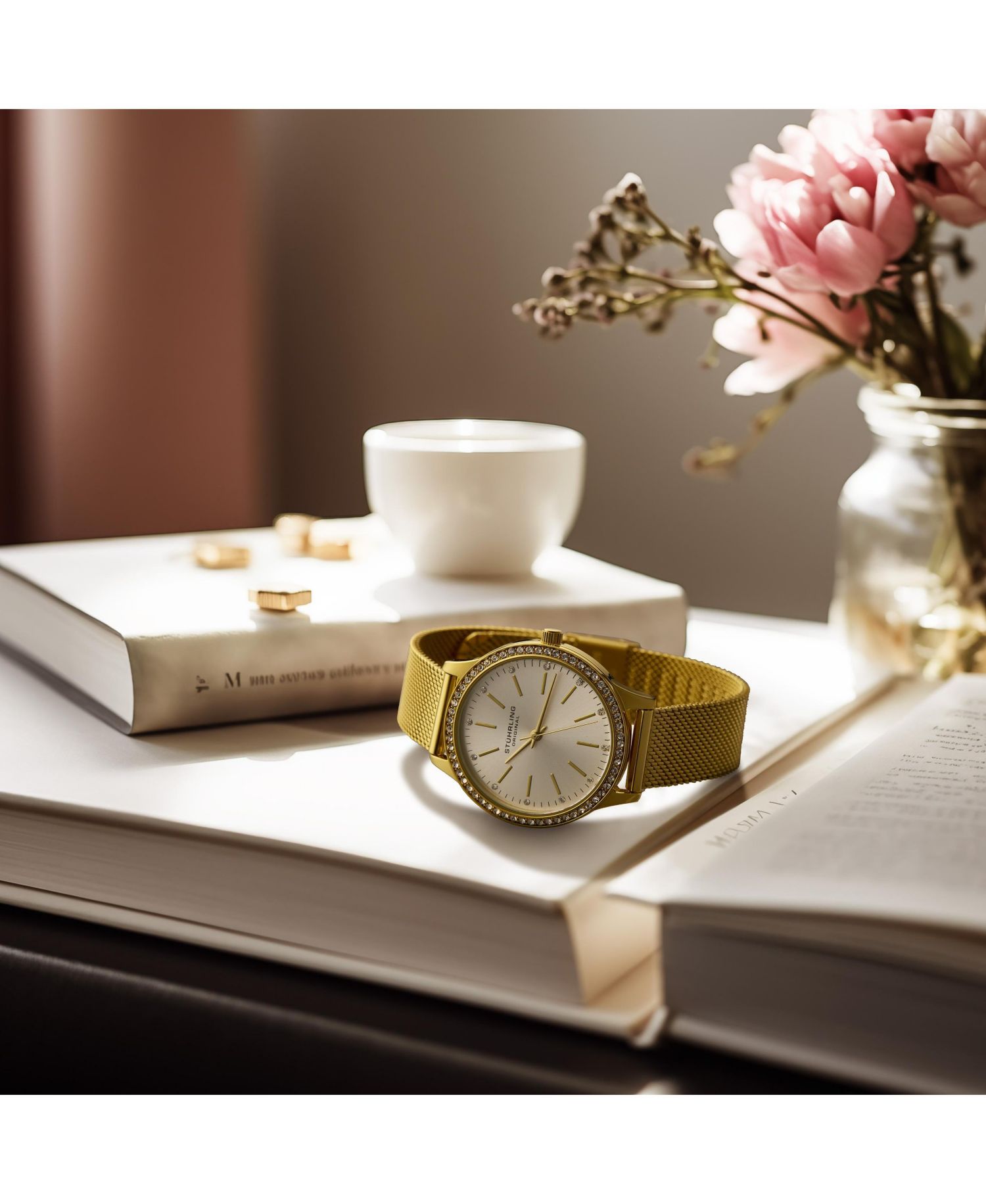 Women's Quartz Crystal Studded Gold Case and Gold Mesh Bracelet, Silver Dial, Gold Hands and Markers Watch