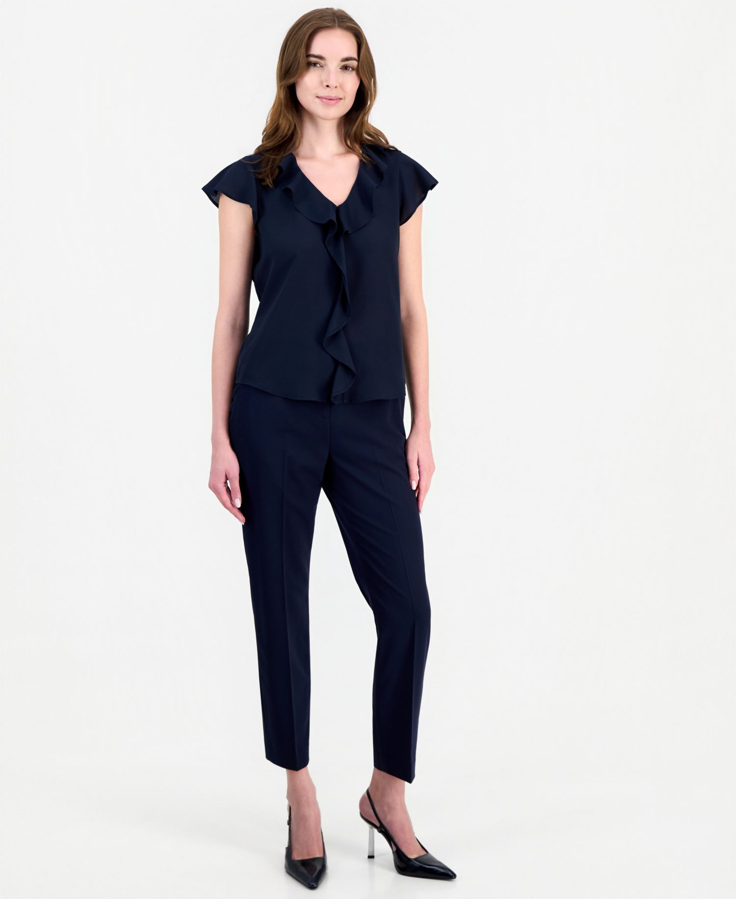 Women's Ruffle-Front V-Neck Short-Sleeve Blouse