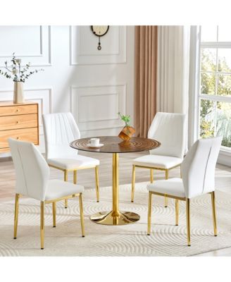 5-Piece Ring Glass Round Dining Set, Gold Frame Table and 4 PU Shell Chairs